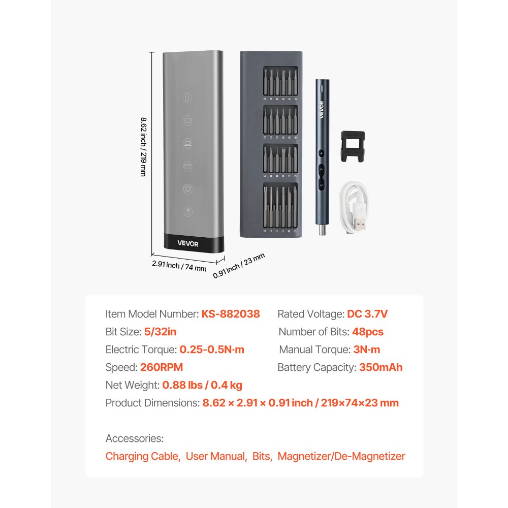 VEVOR Elektryczny precyzyjny śrubokręt (48 magnetycznych końcówek) Miniaturowy elektryczny śrubokręt z magnetycznym schowkiem, oświetleniem LED i funkcją ładowania typu C, do naprawy telefonów komórkowych i laptopów