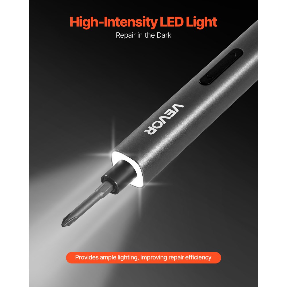 VEVOR Elektryczny precyzyjny śrubokręt (52 końcówki magnetyczne) Miniaturowy elektryczny śrubokręt z magnetycznym schowkiem, oświetleniem LED i funkcją ładowania typu C, do naprawy telefonów komórkowych i laptopów