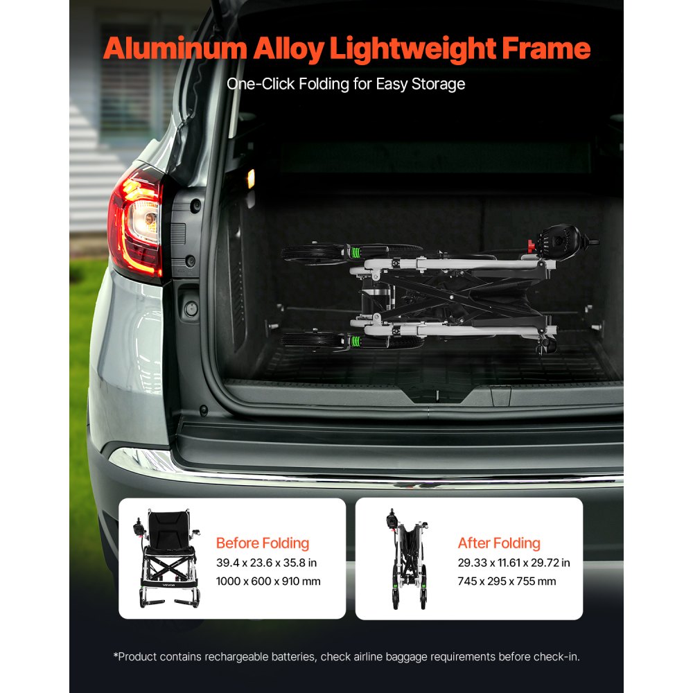 VEVOR Elektryczny składany wózek inwalidzki, zasięg 19 km, skuter medyczny o ładowności do 100 kg, elektryczny wózek inwalidzki z oponami 30,5 cm, dla seniorów i osób niepełnosprawnych, łatwy w transporcie
