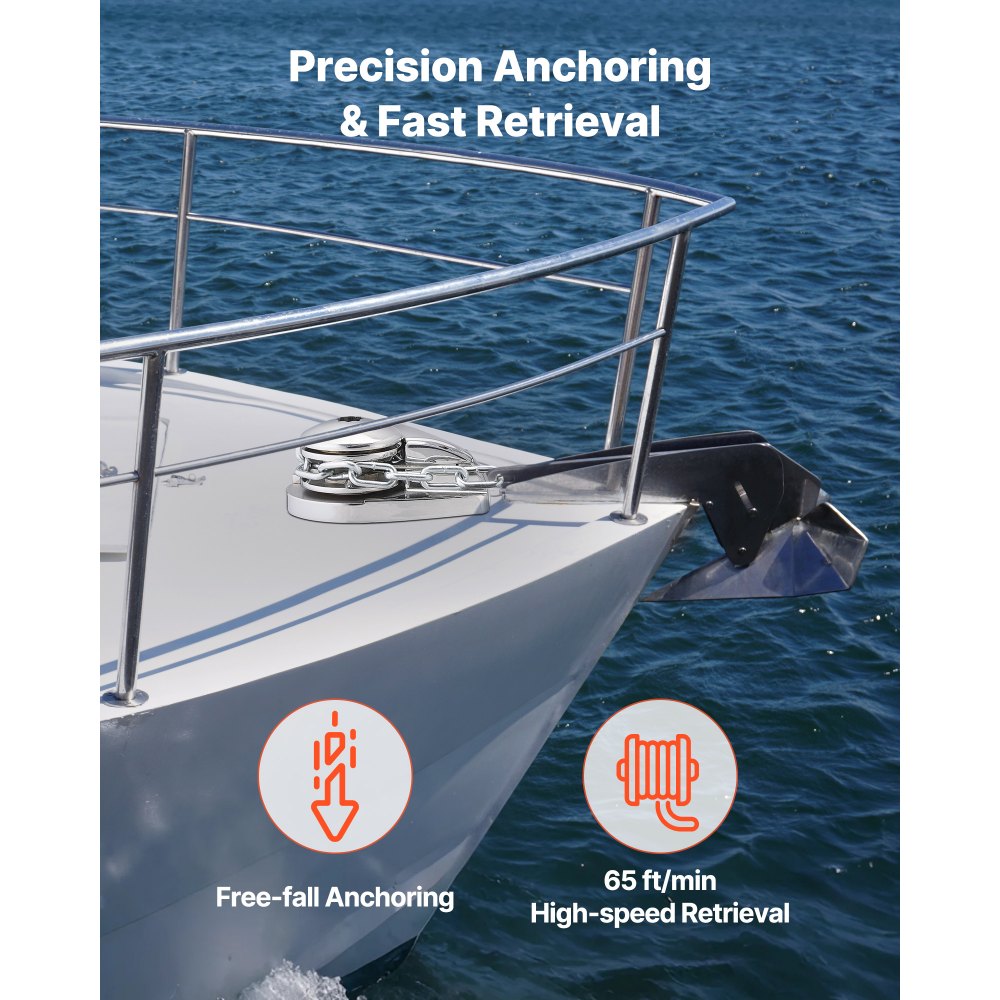 VEVOR Vertical Fishing Windlass, 12V DC 600W, Windlass Anchor Systems Fit for 6.35 mm Chain or 14.3 & 15.9 mm Nylon Rope, Max Pull 320 kg, 316 Stainless Steel Construction, for Boats 6-11 m
