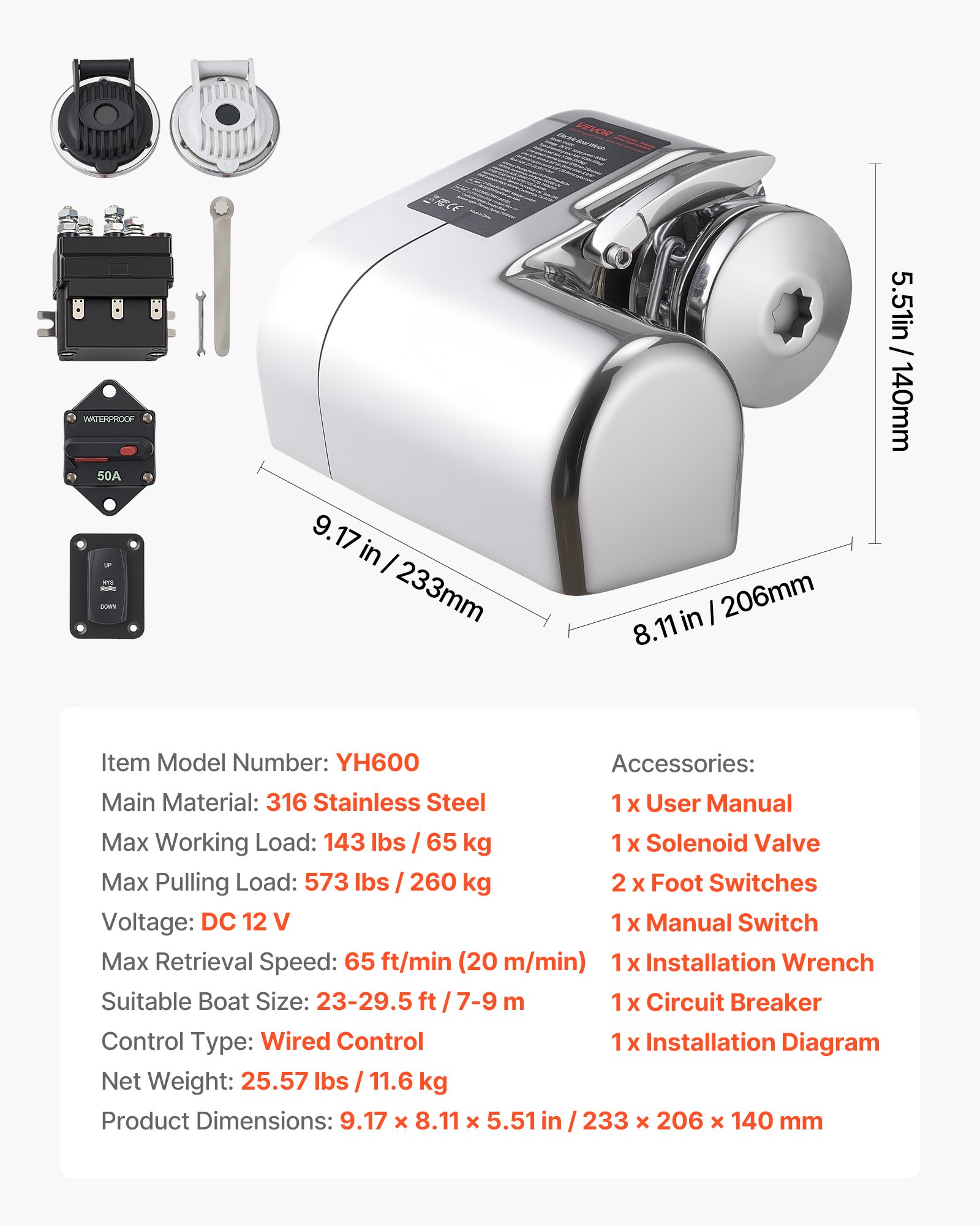 Elektryczna wyciągarka wędkarska VEVOR, 12 V DC 600 W, systemy kotwiczne, pasuje do łańcucha 1/4 cala i liny nylonowej 9/16-5/8 cala, maks. uciąg 260 kg, konstrukcja ze stali nierdzewnej 316, do łodzi 7-9 m