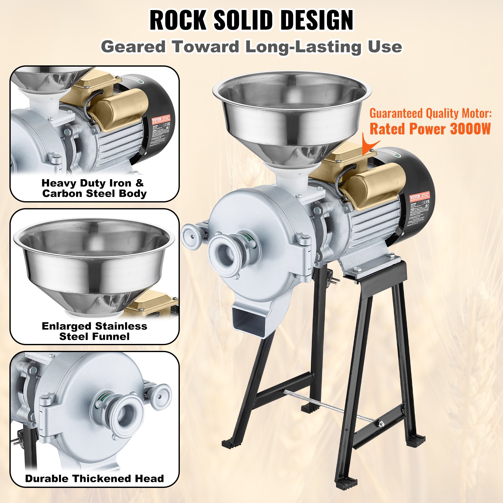 Młyn zbożowy VEVOR Młynek do przypraw 3 kW, komercyjny młynek do kukurydzy z zasobnikiem, maszyna do mielenia proszków o regulowanej mocy, wytrzymały młynek do paszy zbożowej, młynek do pszenicy, młynek do suchej i mokrej mąki 50 kg/h