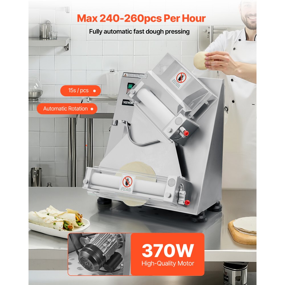 VEVOR Elektryczna prasa do ciasta na pizzę, płyta do ciasta 355,6 mm, automatyczna prasa do chleba 370 W, stal nierdzewna, komercyjna prasa do placków chapati, maszyna formująca z regulowaną grubością, liczba kawałków ciasta na godzinę