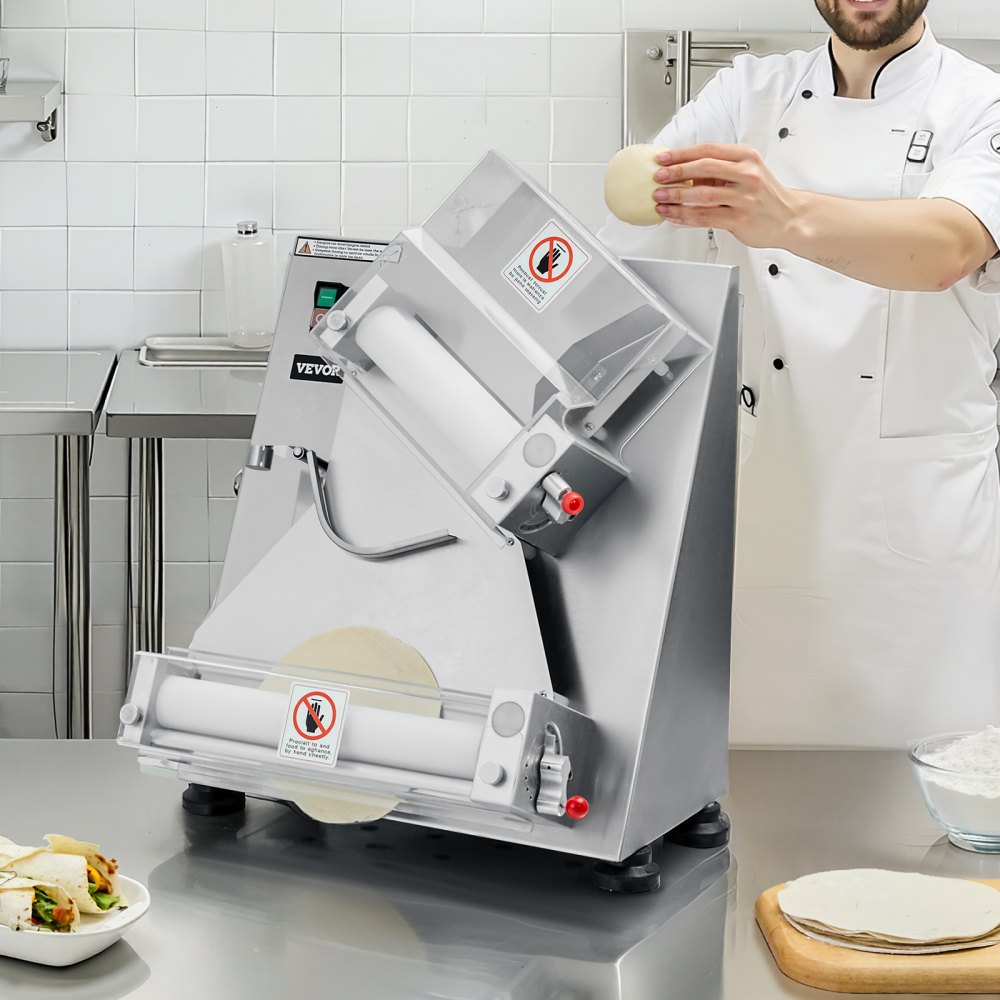 VEVOR Elektryczna prasa do ciasta na pizzę, płyta do ciasta 355,6 mm, automatyczna prasa do chleba 370 W, stal nierdzewna, komercyjna prasa do placków chapati, maszyna formująca z regulowaną grubością, liczba kawałków ciasta na godzinę