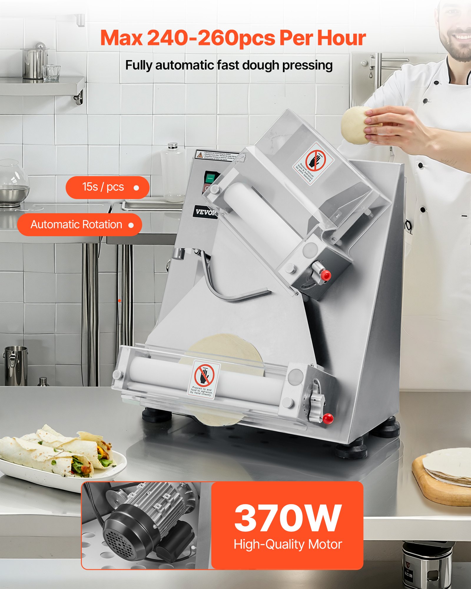 VEVOR Elektryczna prasa do ciasta na pizzę, płyta do ciasta 355,6 mm, automatyczna prasa do chleba 370 W, stal nierdzewna, komercyjna prasa do placków chapati, maszyna formująca z regulowaną grubością, liczba kawałków ciasta na godzinę