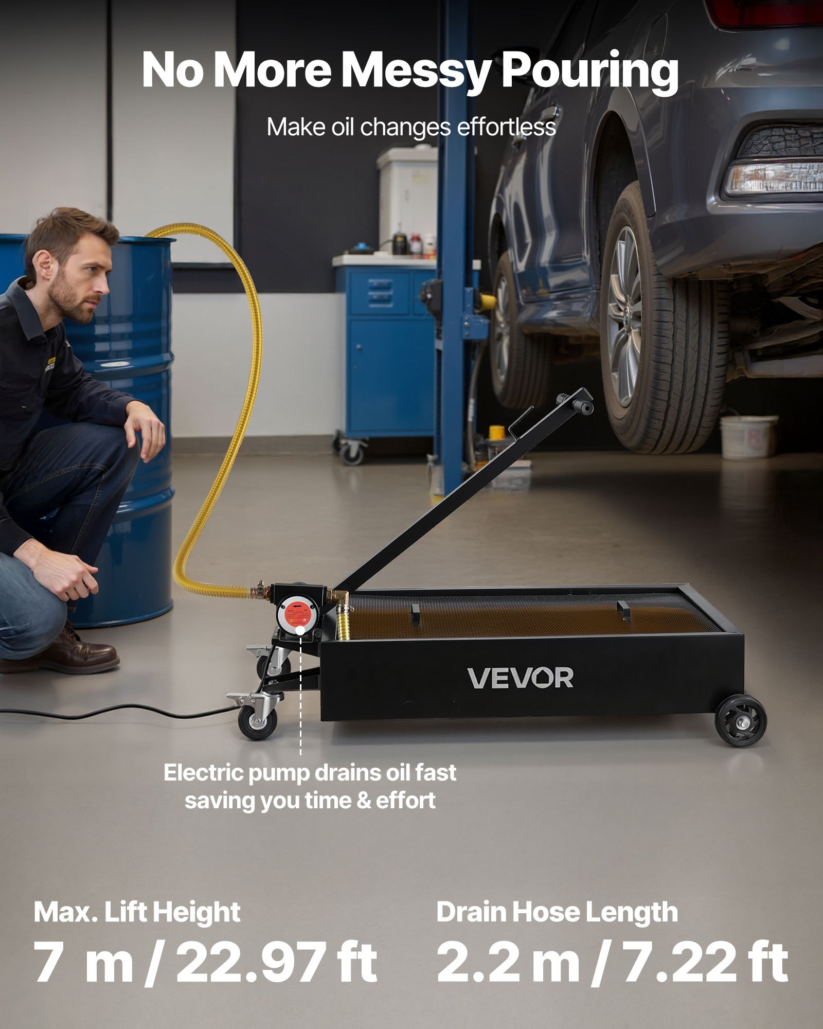 VEVOR Low Profile Oil Drain Pan, 56.8 L Capacity, Rolling Oil Drain Pan with Electric Pump & 2.2 m Hose, Leak-proof & Corrosion-resistant, Fit for Cars, SUVs, Trucks, Motorcycles, ATVs, Metal