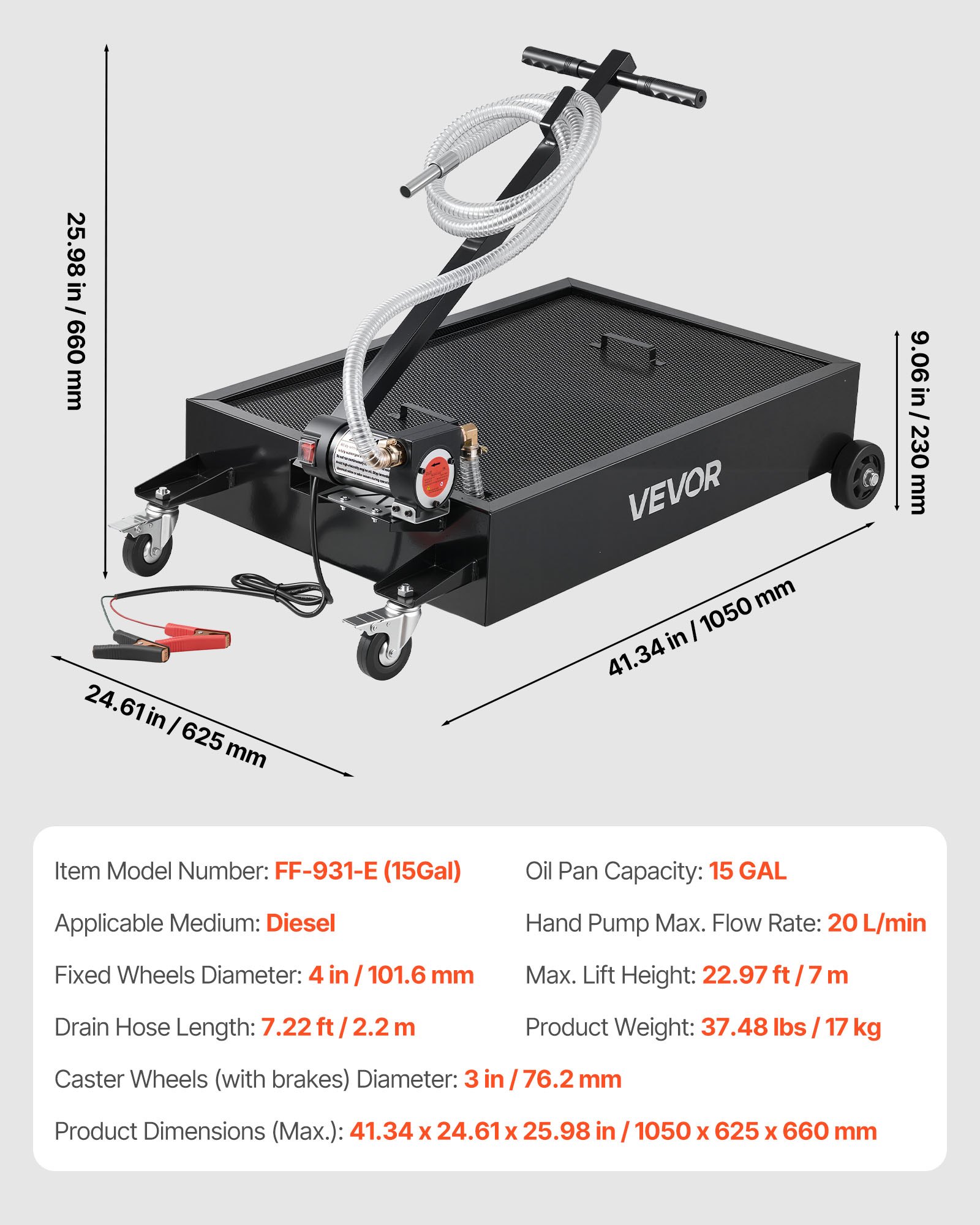 VEVOR Low Profile Oil Drain Pan, 56.8 L Capacity, Rolling Oil Drain Pan with Electric Pump & 2.2 m Hose, Leak-proof & Corrosion-resistant, Fit for Cars, SUVs, Trucks, Motorcycles, ATVs, Metal