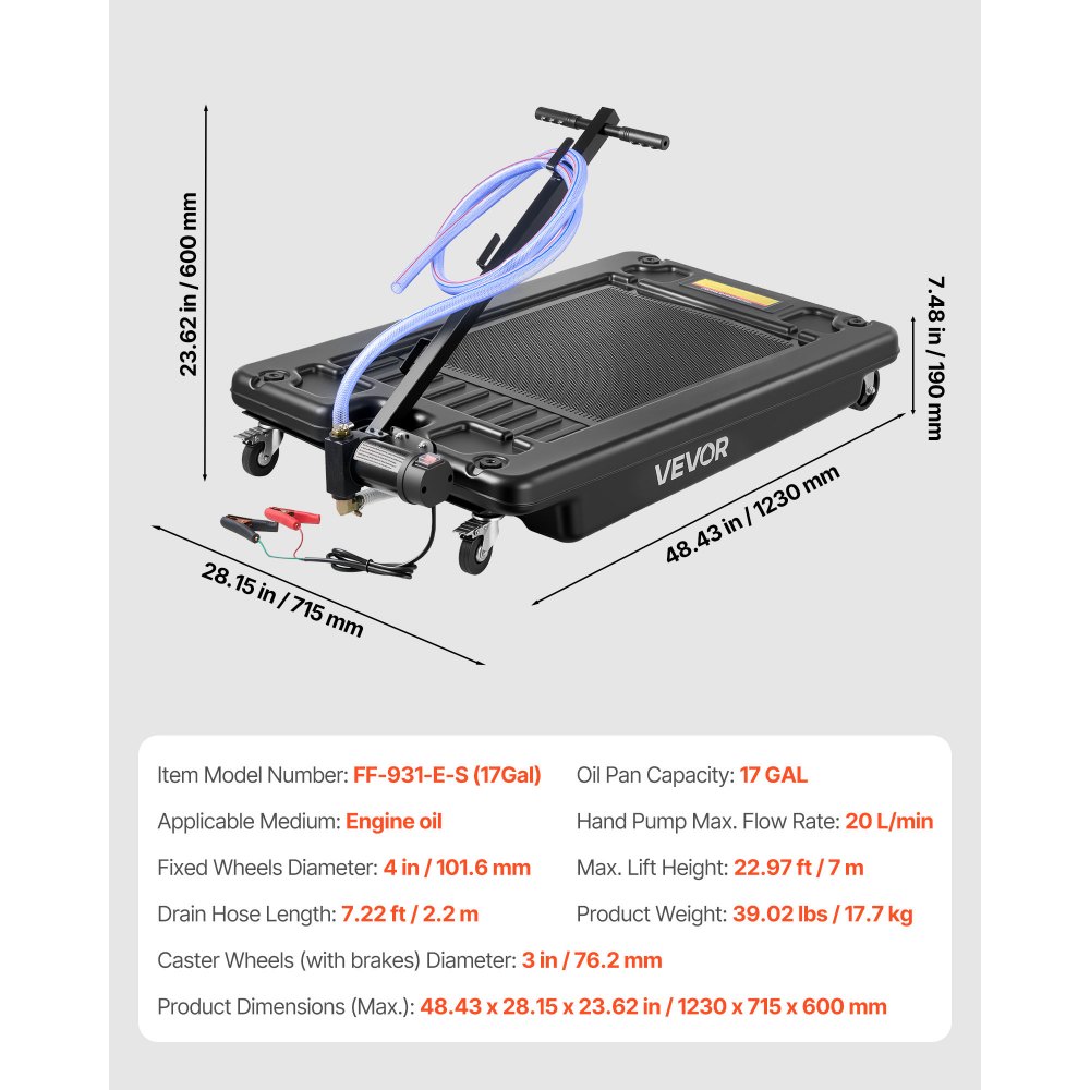 VEVOR Low Profile Oil Drain Pan, 64 L Capacity, Rolling Oil Drain Pan with Electric Pump & 2.2 m Hose, Leak-proof & Corrosion-resistant, Fit for Cars, SUVs, Trucks, Motorcycles, ATVs, Metal