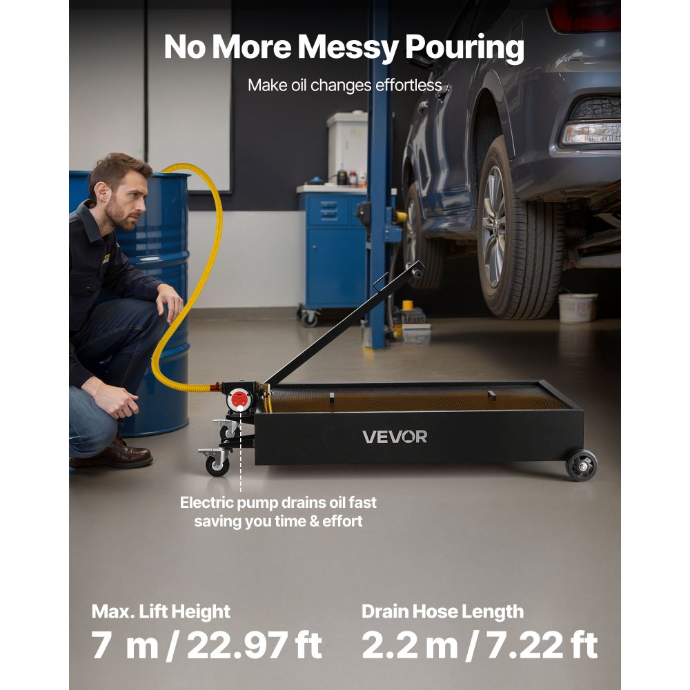 VEVOR Low Profile Oil Drain Pan, 75.7 L Capacity, Rolling Oil Drain Pan with Electric Pump & 2.2 m Hose, Leak-proof & Corrosion-resistant, Fit for Cars, SUVs, Trucks, Motorcycles, ATVs, Metal