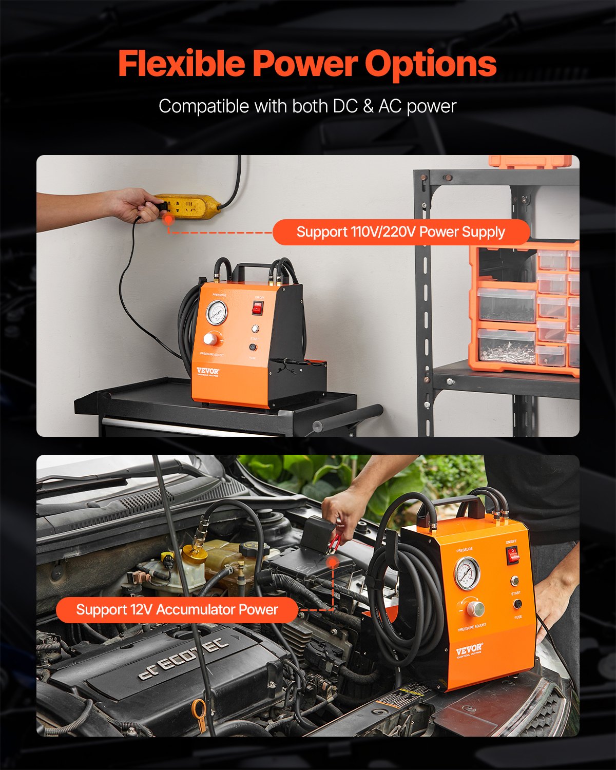 Zestaw do odpowietrzania hamulców elektrycznych VEVOR Profesjonalny zestaw do odpowietrzania cylindrów głównych z manometrem i wbudowaną pompą powietrza, uniwersalny zestaw adapterów do odpowietrzania hamulców do zasilania prądem stałym i przemiennym