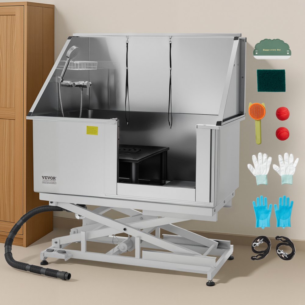 VEVOR Elektryczna stacja do mycia psów z funkcją podnoszenia, wanna do pielęgnacji zwierząt ze stali nierdzewnej o szerokości 127 cm z płytą filtrującą wodę z PE, kranem i głowicą prysznicową, wanna dla psa, umywalka dla zwierząt (drzwi prawe)