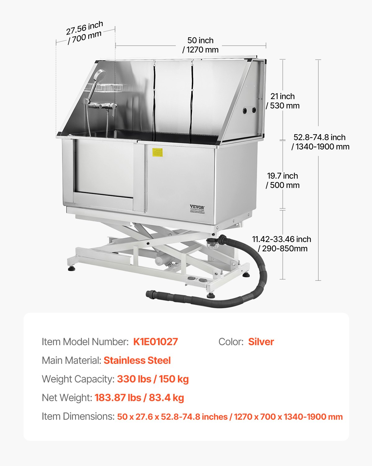 VEVOR Elektryczna stacja do mycia psów z funkcją podnoszenia, wanna do pielęgnacji zwierząt o szerokości 127 cm z płytą filtrującą wodę z PE, kranem i głowicą prysznicową, wanna dla psa, umywalka dla wielu zwierząt (lewe drzwi)