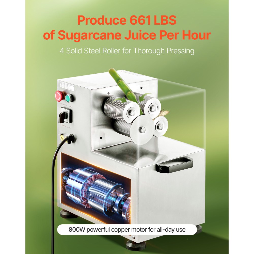 VEVOR Komercyjna wyciskarka do soku z trzciny cukrowej, elektryczna wyciskarka do soku z trzciny cukrowej o mocy 800 W i dużej wydajności 300 kg/h, 4 wałki ze stali nierdzewnej, maszyna do wyciskania soku z trzciny cukrowej (55 x 38 x 52 cm)