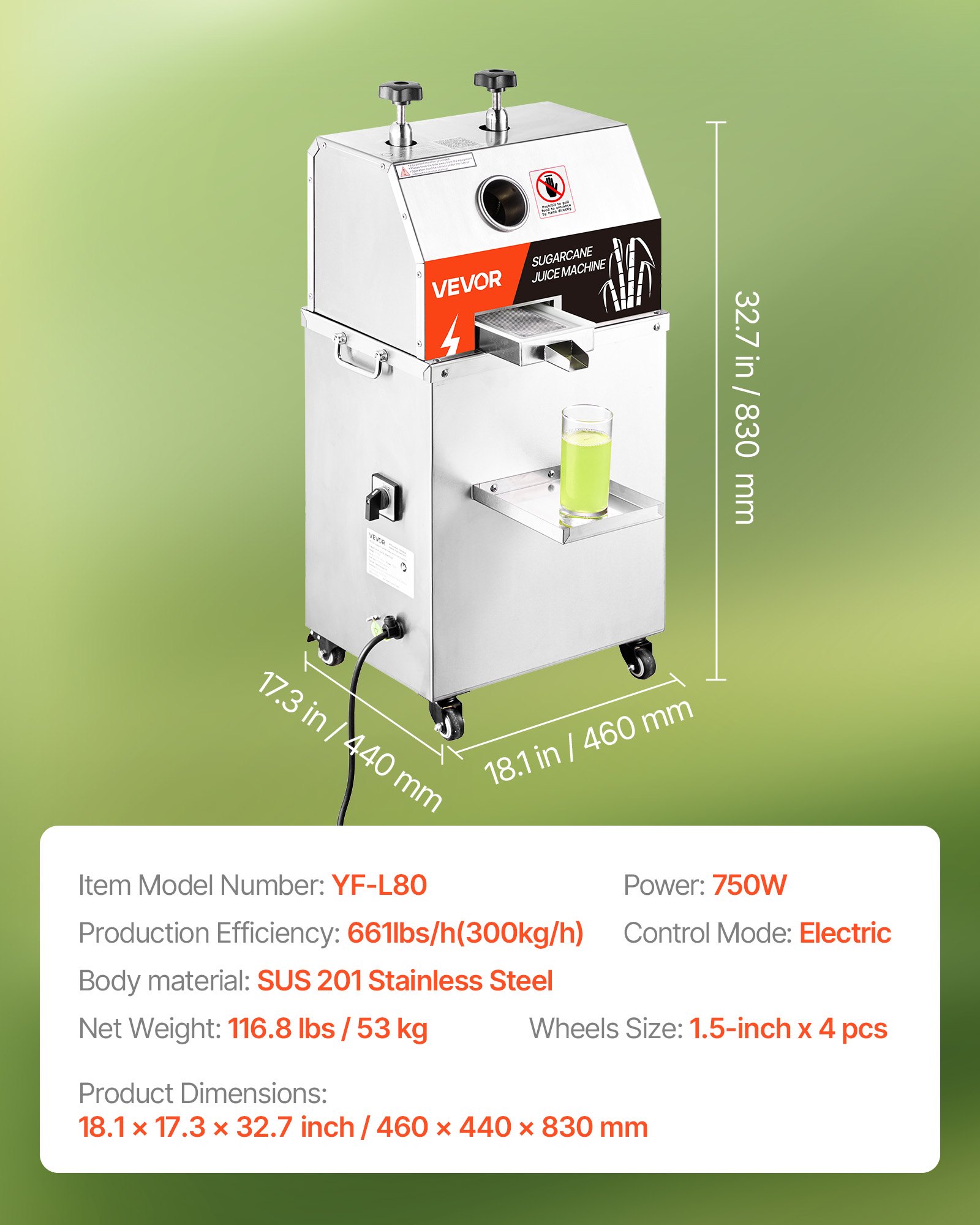 Elektryczna wyciskarka do trzciny cukrowej VEVOR, 750 W, wydajność 300 kg/h, 3 rolki ze stali nierdzewnej, duży wlot 2,4 cala, wyciskarka do trzciny cukrowej na kółkach do użytku domowego/komercyjnego