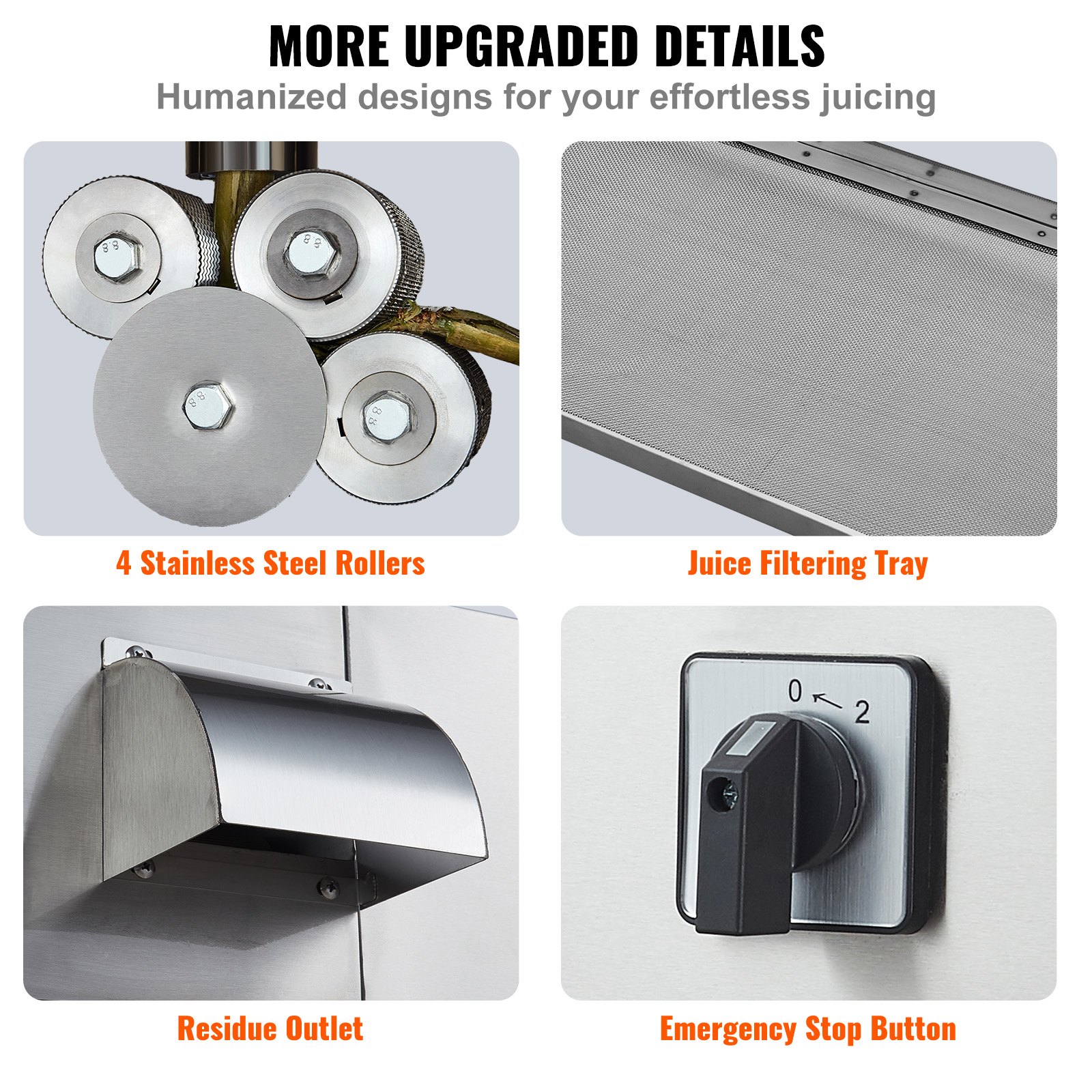 Elektryczna wyciskarka do soku z trzciny cukrowej VEVOR, 800 W, wydajność 300 kg/h, 4 rolki ze stali nierdzewnej, duży wlot 60,96 mm, w tym ostrze do obierania, komercyjna wyciskarka do soku z trzciny cukrowej