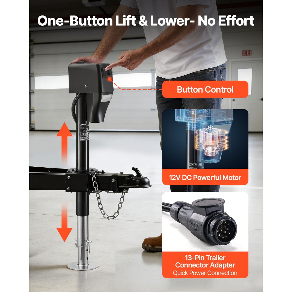 Podnośnik elektryczny VEVOR do przyczepy 2268 kg, elektryczna noga podporowa o skoku 230–686 mm, podpora do przyczepy kempingowej z korbą, osłoną ochronną i diodą LED do przyczep kempingowych, kamperów i vanów kempingowych, 12 V DC z wiązką przewodów