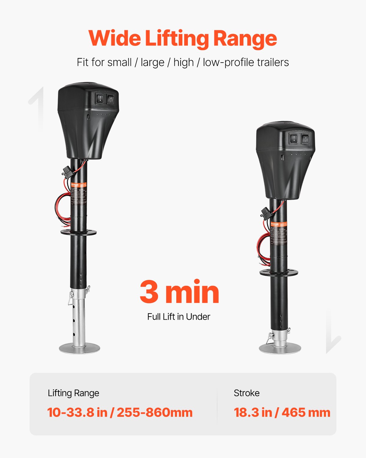 Podnośnik elektryczny VEVOR, 2267 kg, wspornik przyczepy kempingowej ze złączem dwukierunkowym, korba ręczna i osłona podnośnika, zakres podnoszenia 255–860 mm, do kamperów, przyczep kempingowych i kamperów, kolor czarny
