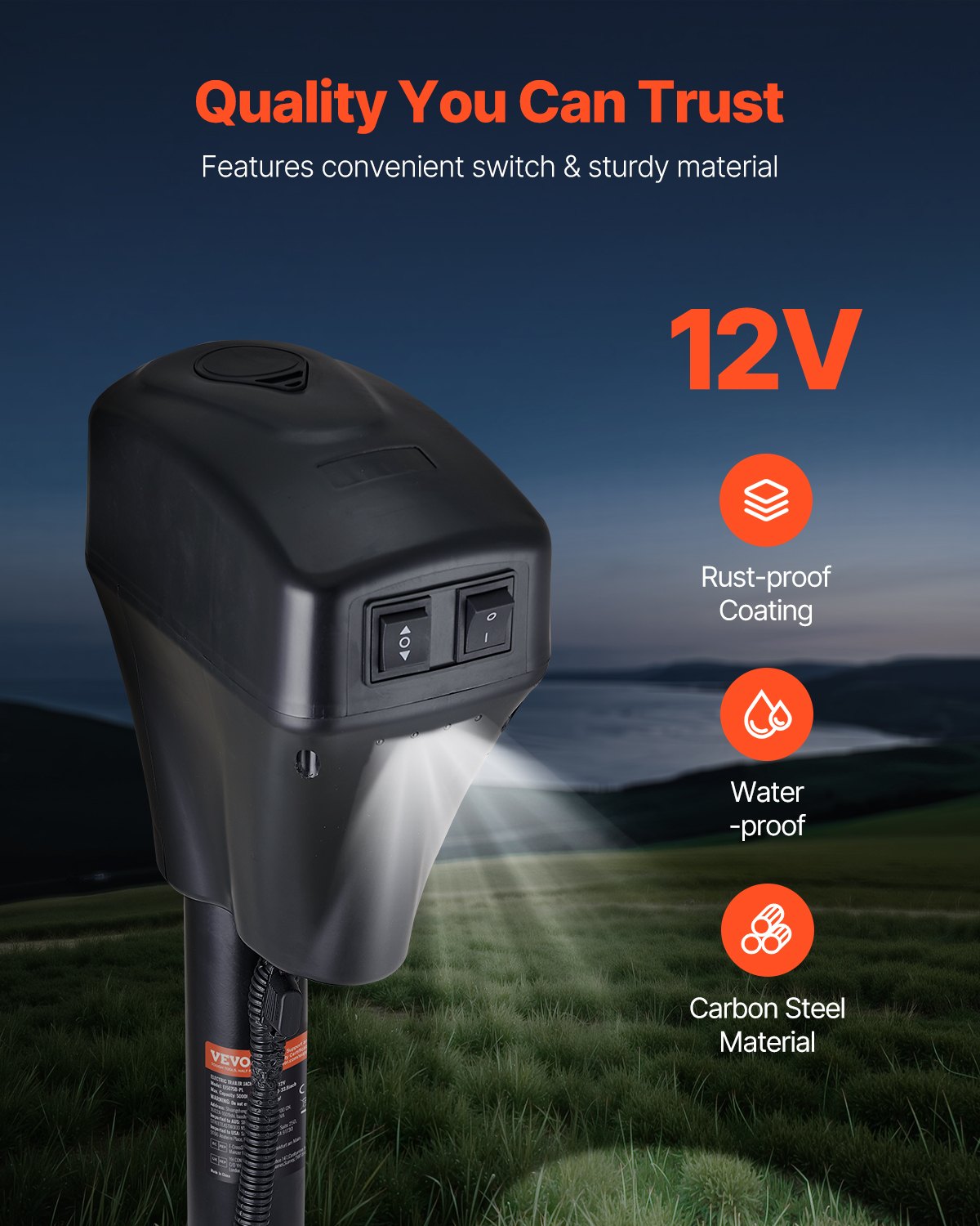 Podnośnik elektryczny VEVOR, 2267 kg, wspornik przyczepy kempingowej z wtyczką 7-pinową, korbą ręczną i osłoną podnośnika, zakres podnoszenia 255–860 mm, do przyczep, kamperów i przyczep kempingowych, kolor czarny