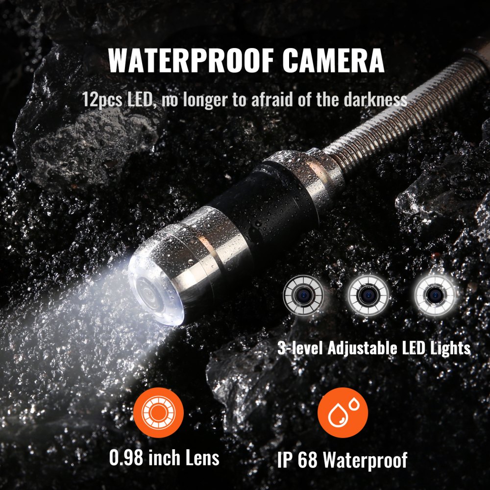 Kamera kanalizacyjna VEVOR ze śledzeniem 512 Hz, 30 m, kamera inspekcyjna do rur 17,8 cm z funkcją DVR, kamera IP68 z 12 regulowanymi diodami LED, karta SD 16 GB do kanalizacji, domu, rur odpływowych