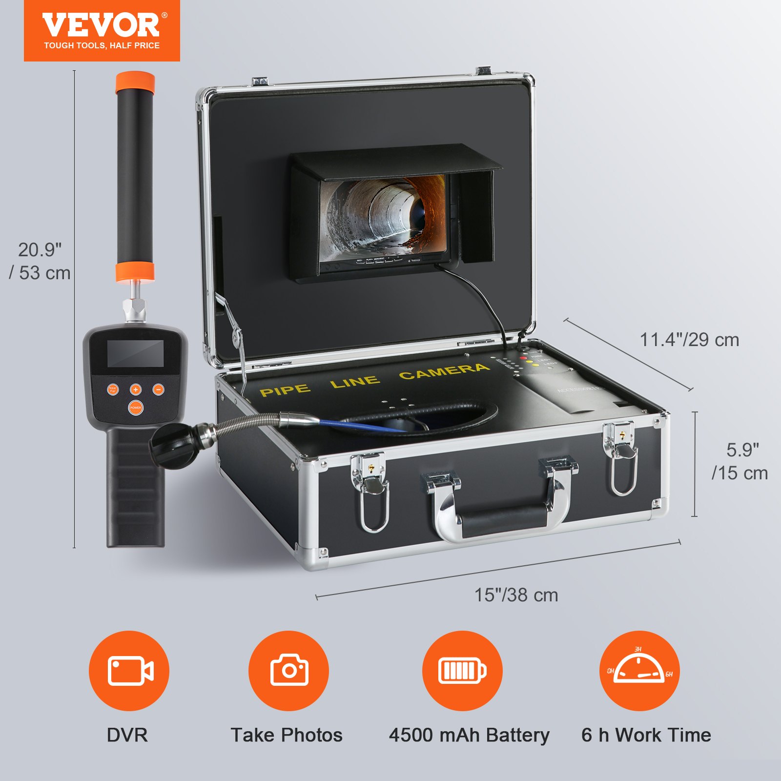 Kamera kanalizacyjna VEVOR ze śledzeniem 512 Hz, 30 m, kamera inspekcyjna do rur 17,8 cm z funkcją DVR, kamera IP68 z 12 regulowanymi diodami LED, karta SD 16 GB do kanalizacji, domu, rur odpływowych