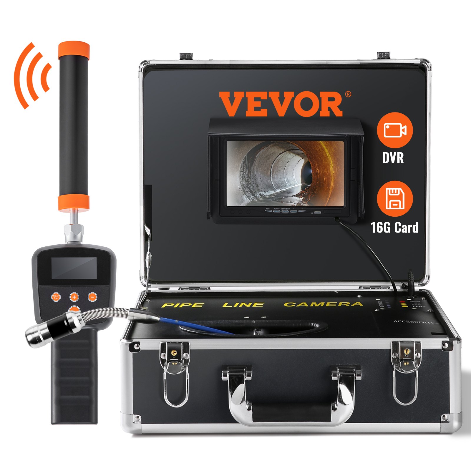 Kamera kanalizacyjna VEVOR ze śledzeniem 512 Hz, 30 m, kamera inspekcyjna do rur 17,8 cm z funkcją DVR, kamera IP68 z 12 regulowanymi diodami LED, karta SD 16 GB do kanalizacji, domu, rur odpływowych