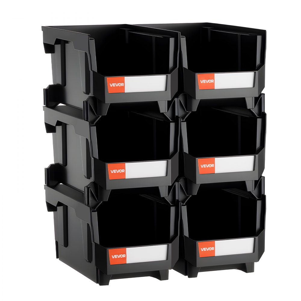 VEVOR Plastic Stackable Storage Bins, 37.7 x 21.5 x 18 cm (6 Pack), Plastic Containers for Organizing and Storage Bins for Closet, Garage, Small Parts, Office Supplies and Other Accessories, Black