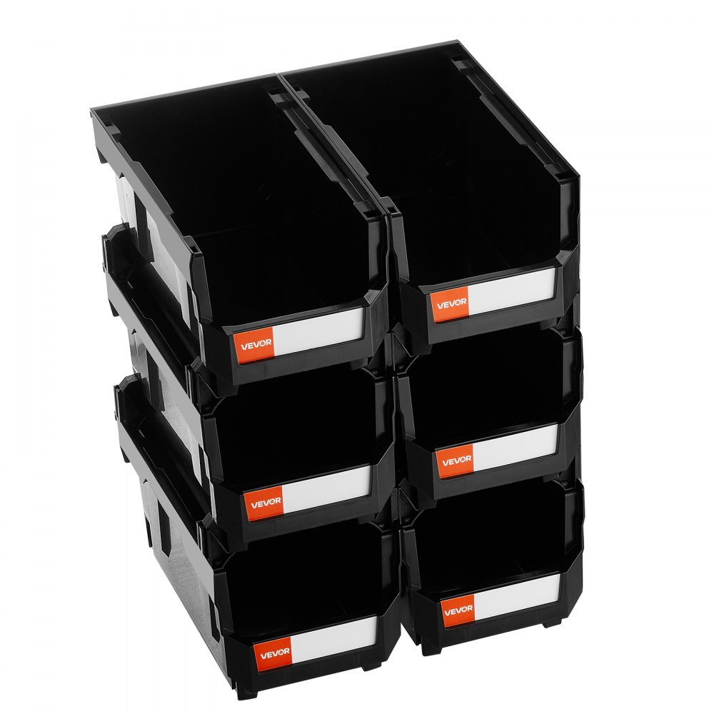 Pudełka do układania w stosy VEVOR, 377 x 215 x 180 mm (opakowanie 6 sztuk), pudełka do przechowywania, pudełka do przechowywania z otwartym przodem, do organizowania i przechowywania małych części, artykułów biurowych i innych akcesoriów, czarne