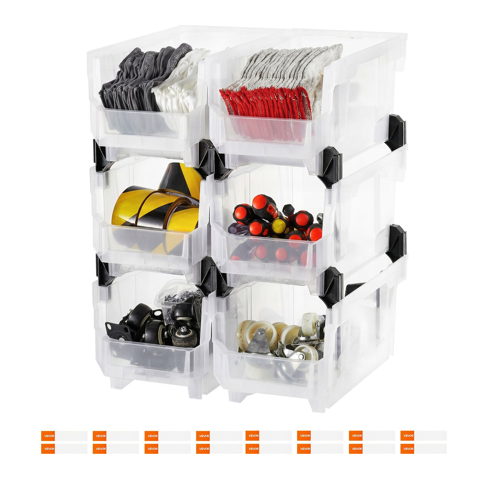 VEVOR Plastic Stackable Storage Bins, 37.7 x 21.5 x 18 cm (6 Pack), Plastic Containers for Organizing & Storage Bins for Closet, Garage, Small Parts, Office Supplies, Other Accessories, Transparent