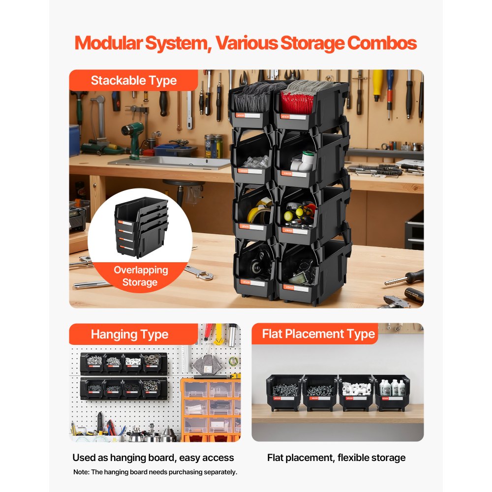 VEVOR Plastic Stackable Storage Bins, 27.6 x 14 x 13 cm (8 Pack), Plastic Containers for Organizing and Storage Bins for Closet, Garage, Small Parts, Office Supplies and Other Accessories, Black