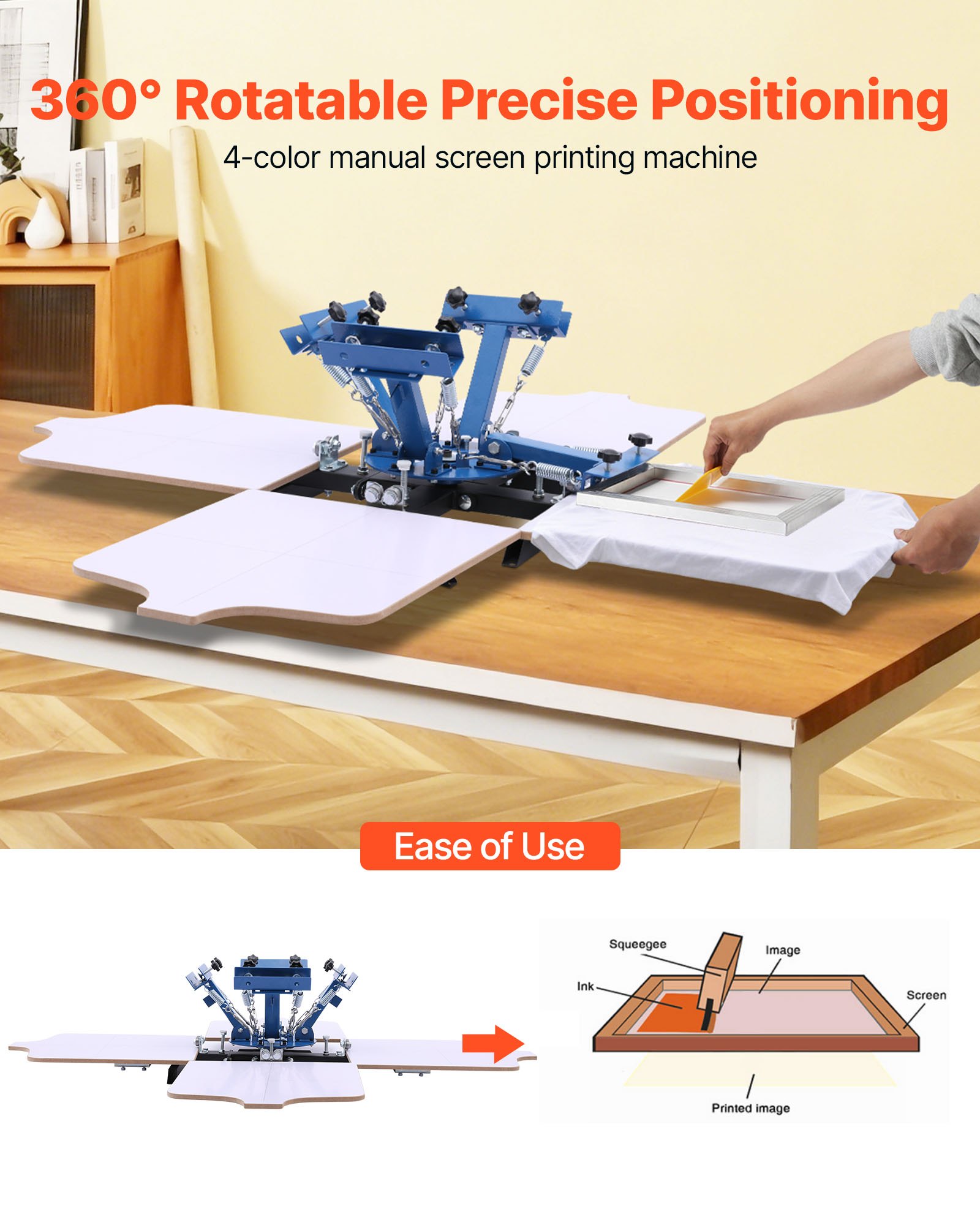 VEVOR 4-kolorowa maszyna sitodrukowa z 4 stanowiskami, 540 x 450 mm, obrotowa o 360°, precyzyjne pozycjonowanie, malowana proszkowo stal węglowa, do samodzielnego drukowania koszulek, dla klientów indywidualnych i komercyjnych