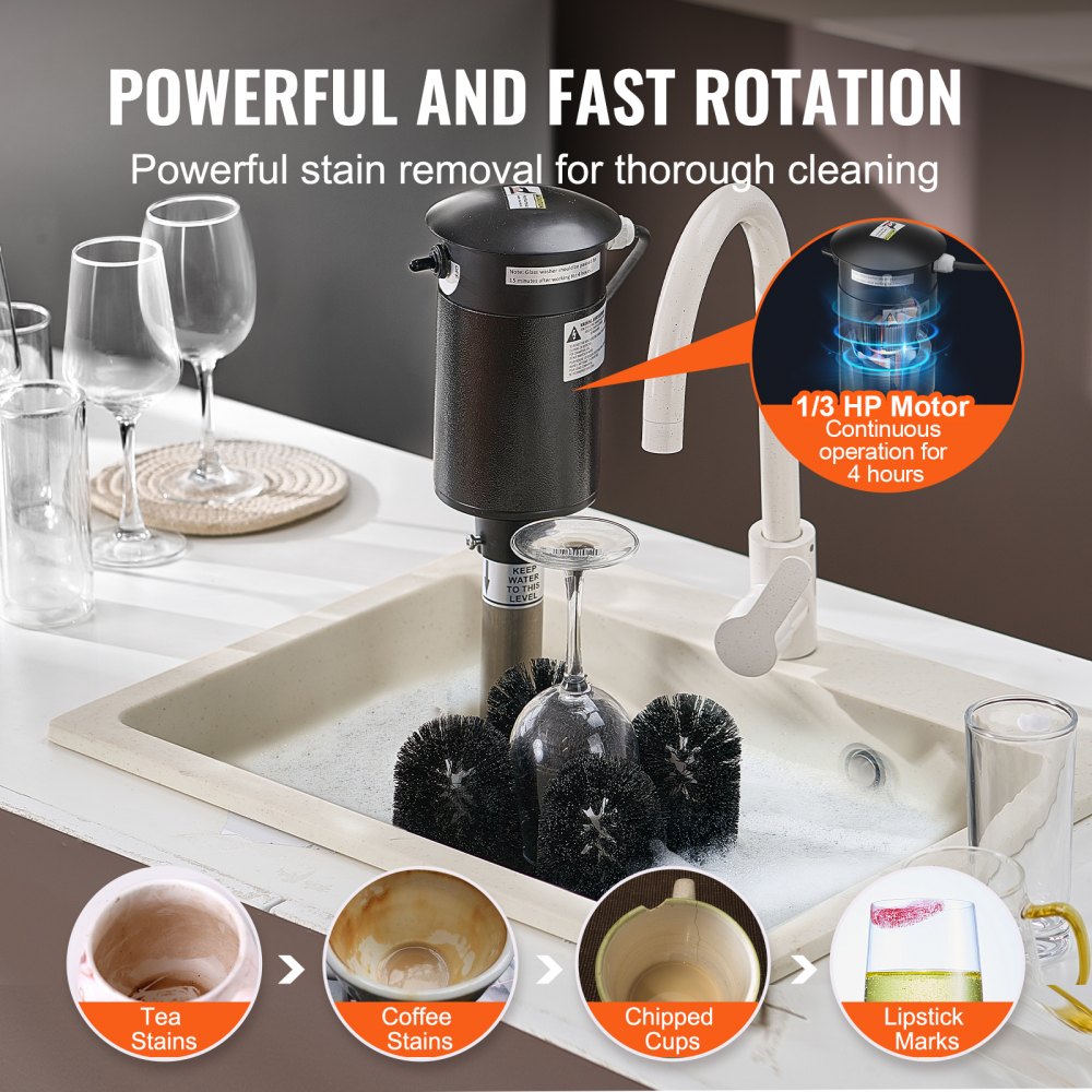 VEVOR Electric Glass Washer and Glass Cleaner with 5 Brushes for Bars, 1200 Cups/Hour Wine Glass Cleaning Machine, Glass Washer for Champagne Glasses, Beer Steins, and Mugs, for Bars and Restaurants