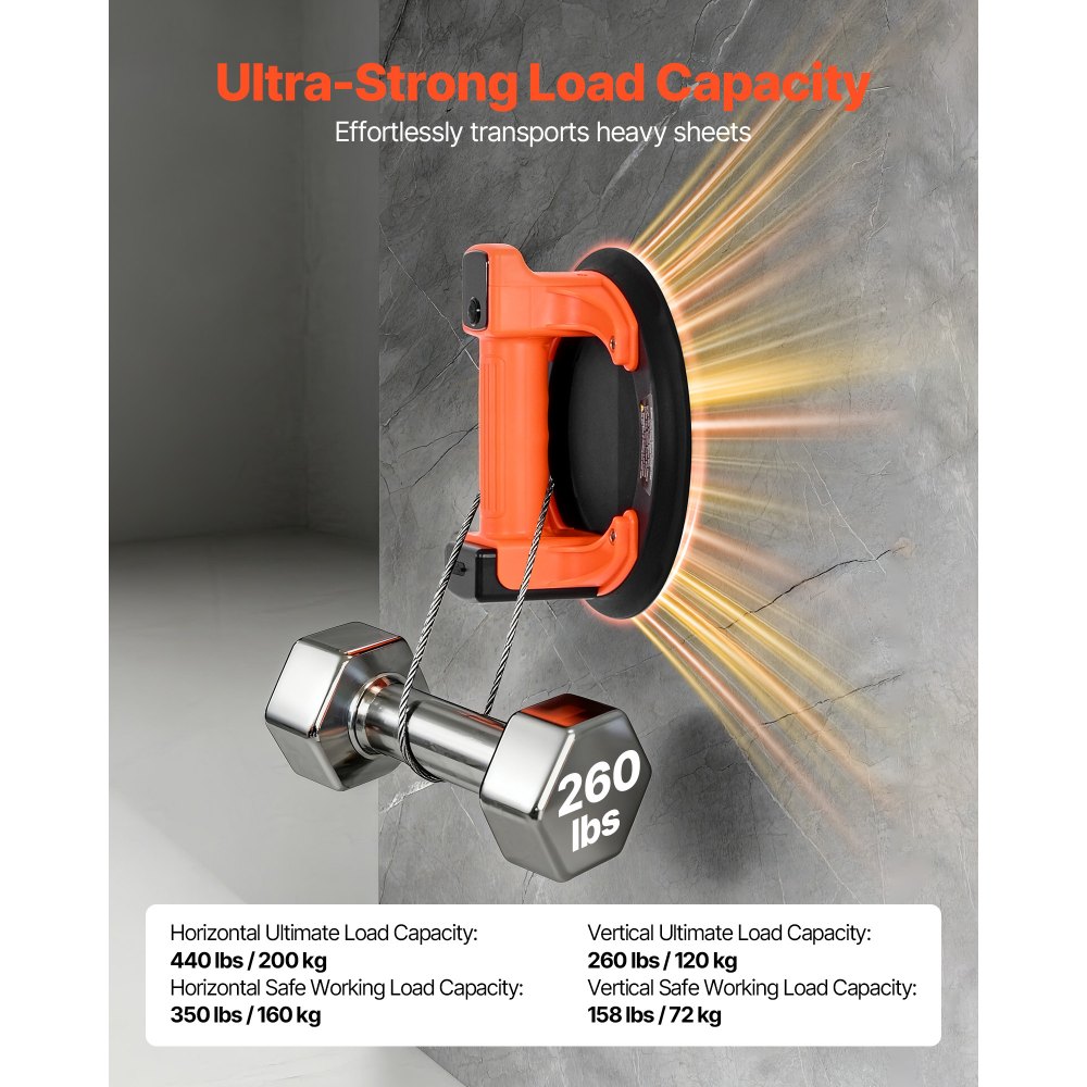 Podnośnik próżniowy VEVOR bezprzewodowy, 203 mm, podnośnik do szkła z cyfrowym wyświetlaczem siły ssania i poziomu naładowania akumulatora, maks. udźwig 200 kg, narzędzie z przyssawką do podnoszenia płytek, granitu (1 opakowanie)