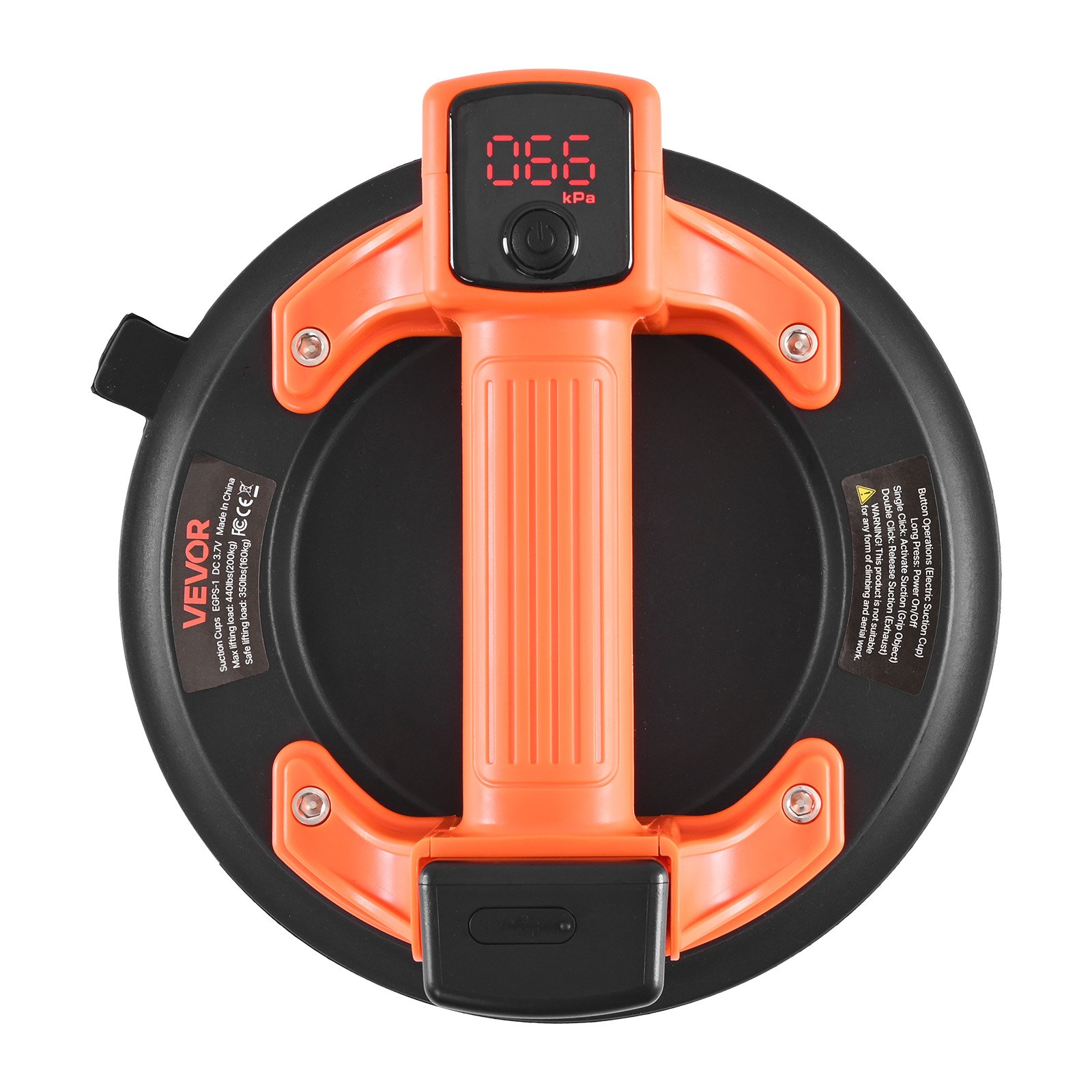 VEVOR Electric Suction Cup, 203 mm Vacuum Glass Lifter with Digital Display for Suction Power & Battery Level, 200 kg Max Lifting Capacity Tile Suction Cup Tool for Lifting Tile, Granite (1-Pack)