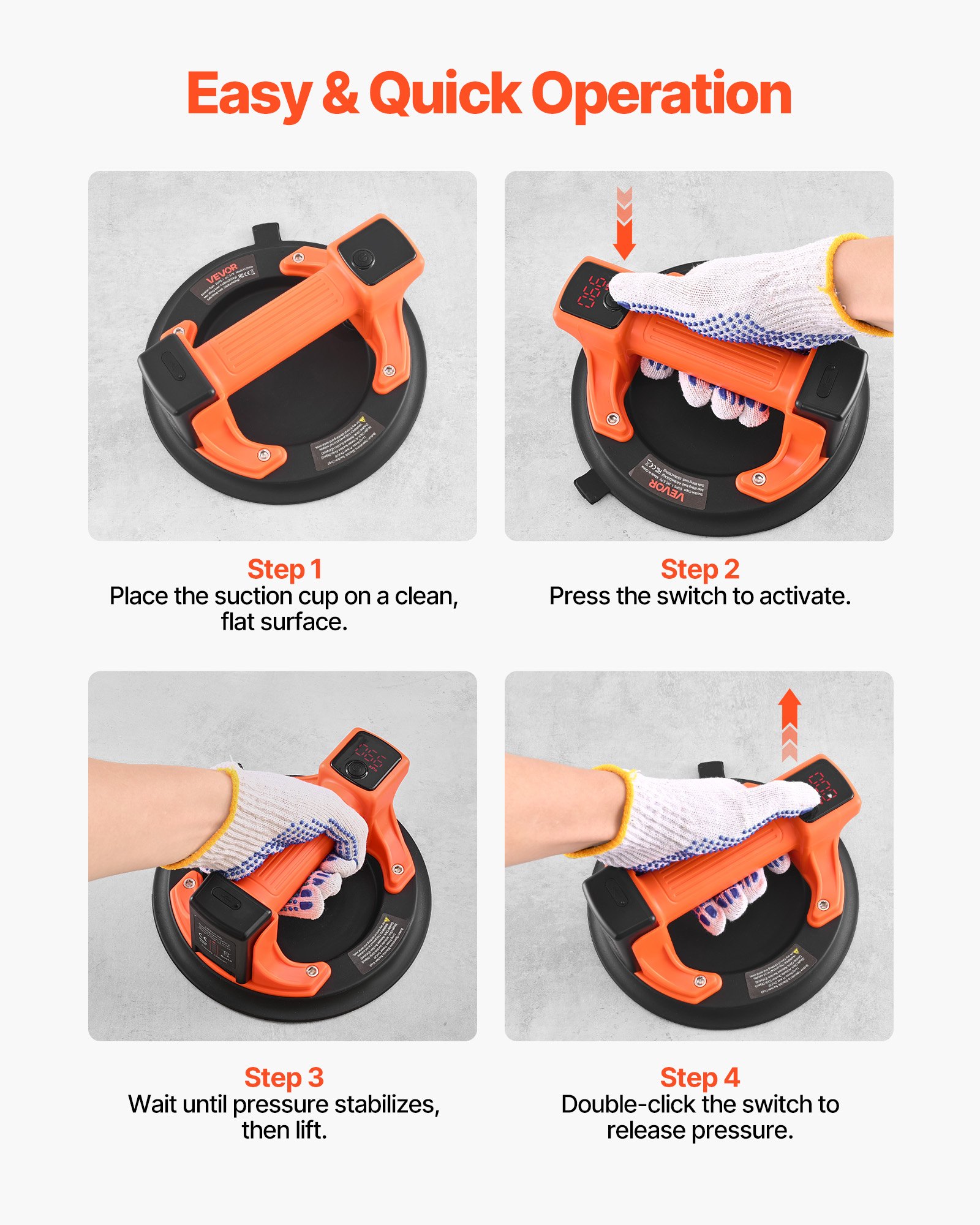 Podnośnik próżniowy VEVOR bezprzewodowy, 203 mm, podnośnik do szkła z cyfrowym wyświetlaczem siły ssania i poziomu naładowania akumulatora, maks. udźwig 200 kg, narzędzie z przyssawką do podnoszenia płytek, granitu (1 opakowanie)