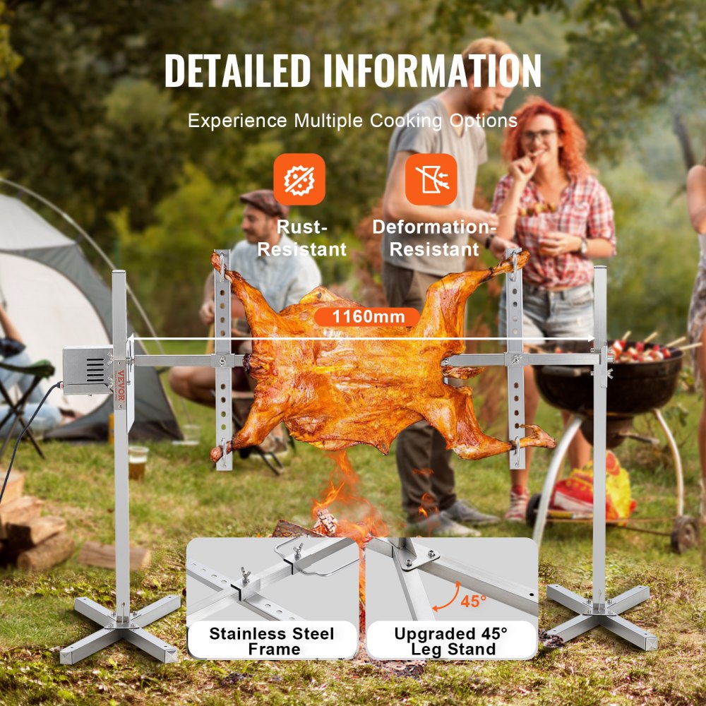 Grill jagnięcy VEVOR, grill dla prosiąt, grill do pieczenia na rożnie, 41 kg, grill rożen BBQ do wieprzowiny, jagnięciny, kozy, silnik elektryczny 42 W, komercyjny rożen ze stali nierdzewnej z osłoną termiczną, długość rożna 1108 mm