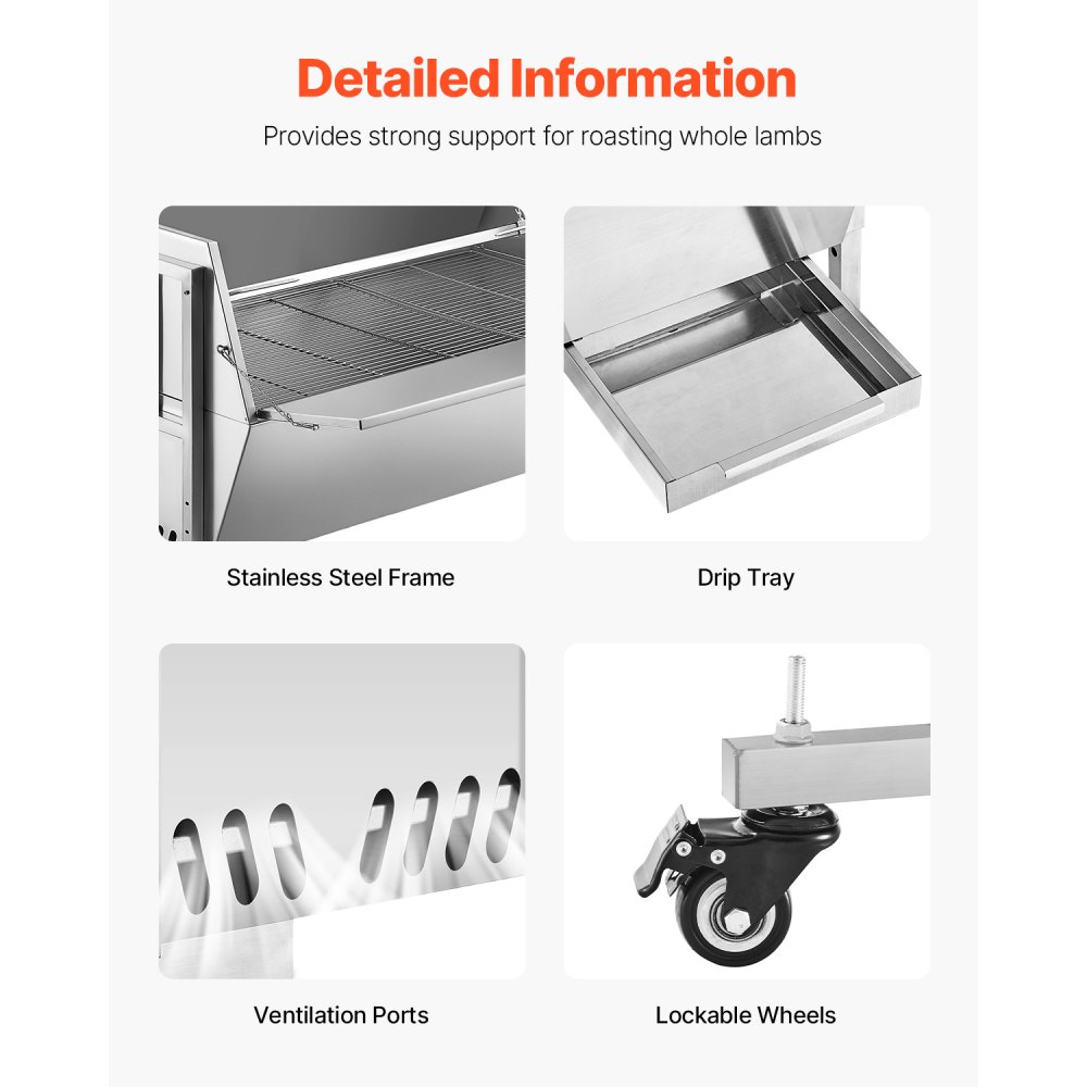 VEVOR Lamb Grill, Suckling Pig Grill, Spit Roast Grill, 130 kg BBQ Spit Grill (60 W) for Pork, Lamb, Goat, Commercial Rotisserie Roaster with Lockable Wheels, for Outdoor Camping Grilling