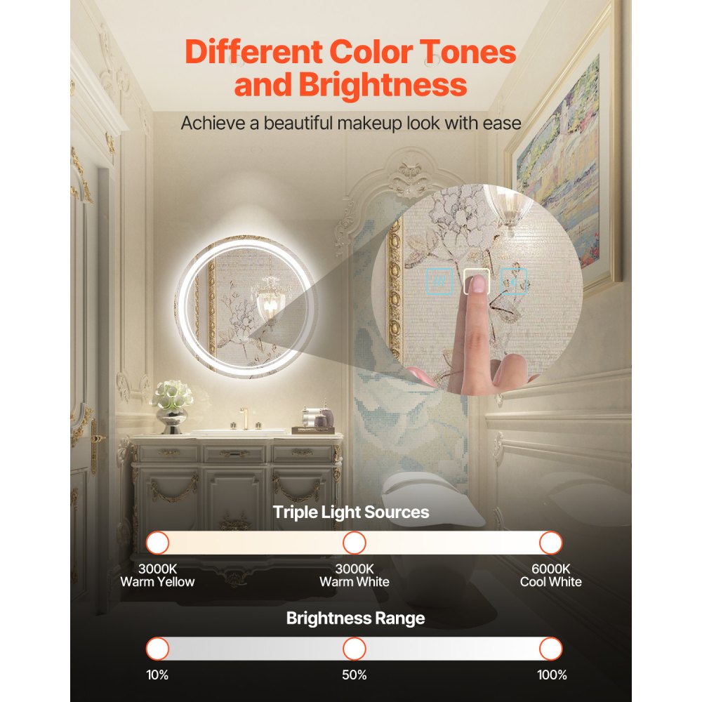 Lustro łazienkowe VEVOR LED okrągłe, kosmetyczne (60 cm) z podświetleniem z przodu i z tyłu, lustro z pamięcią kształtu, bezzaparowujące, płynnie ściemnialne lustro łazienkowe z 3 temperaturami barw, montaż ścienny