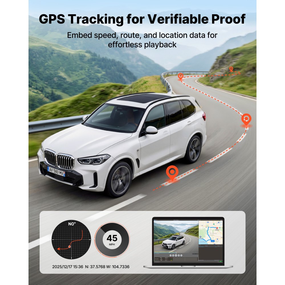 Kamera samochodowa VEVOR 4K z przodu i z tyłu, podwójna kamera samochodowa 1080p ze zintegrowanym GPS-em i czujnikiem G oraz kartą pamięci (32 GB), ekran 3,18 cala, szeroki kąt widzenia 129° + 125°, nagrywanie w pętli, tryb parkingowy, kolor czarny