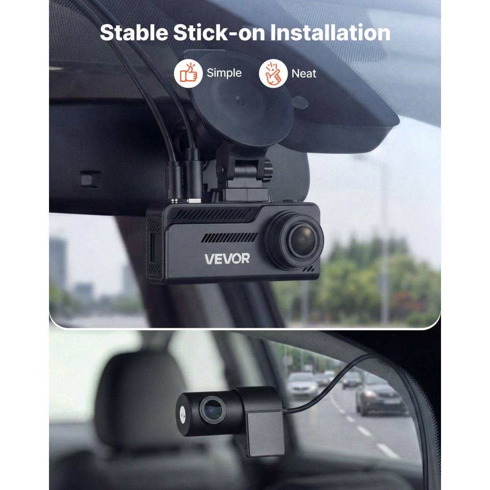 Kamera samochodowa VEVOR 4K z przodu i z tyłu, podwójna kamera samochodowa 1080p ze zintegrowanym GPS-em i czujnikiem G oraz kartą pamięci (32 GB), ekran 3,18 cala, szeroki kąt widzenia 129° + 125°, nagrywanie w pętli, tryb parkingowy, kolor czarny