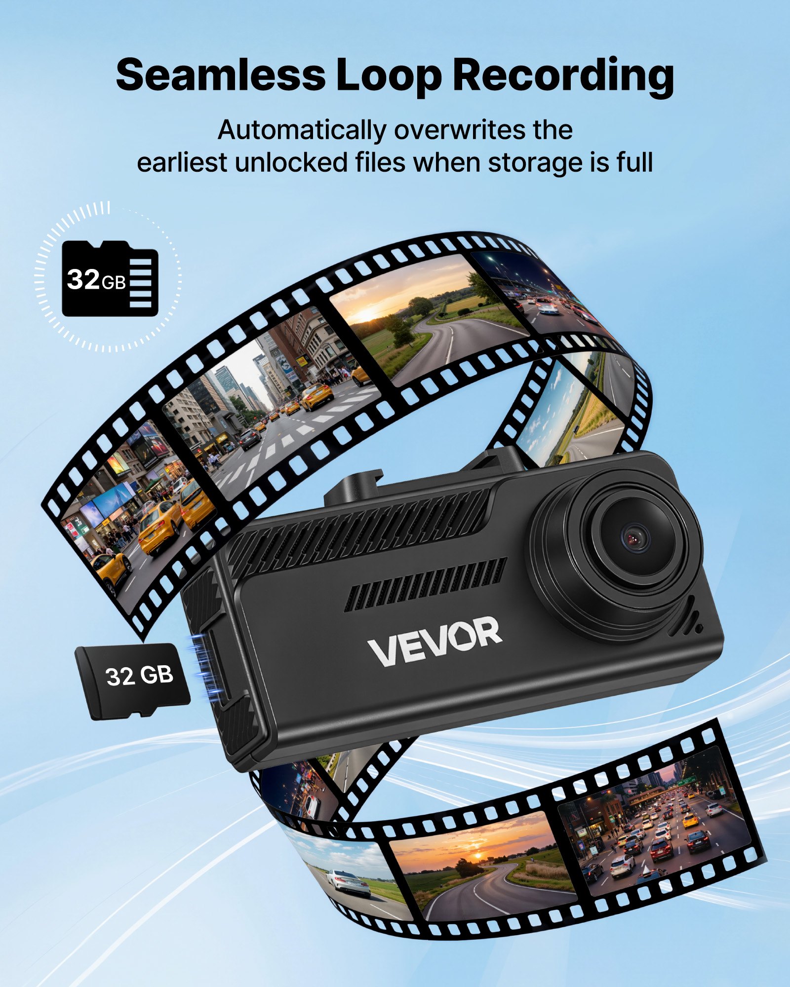 Kamera samochodowa VEVOR 4K z przodu i z tyłu, podwójna kamera samochodowa 1080p ze zintegrowanym GPS-em i czujnikiem G oraz kartą pamięci (32 GB), ekran 3,18 cala, szeroki kąt widzenia 129° + 125°, nagrywanie w pętli, tryb parkingowy, kolor czarny