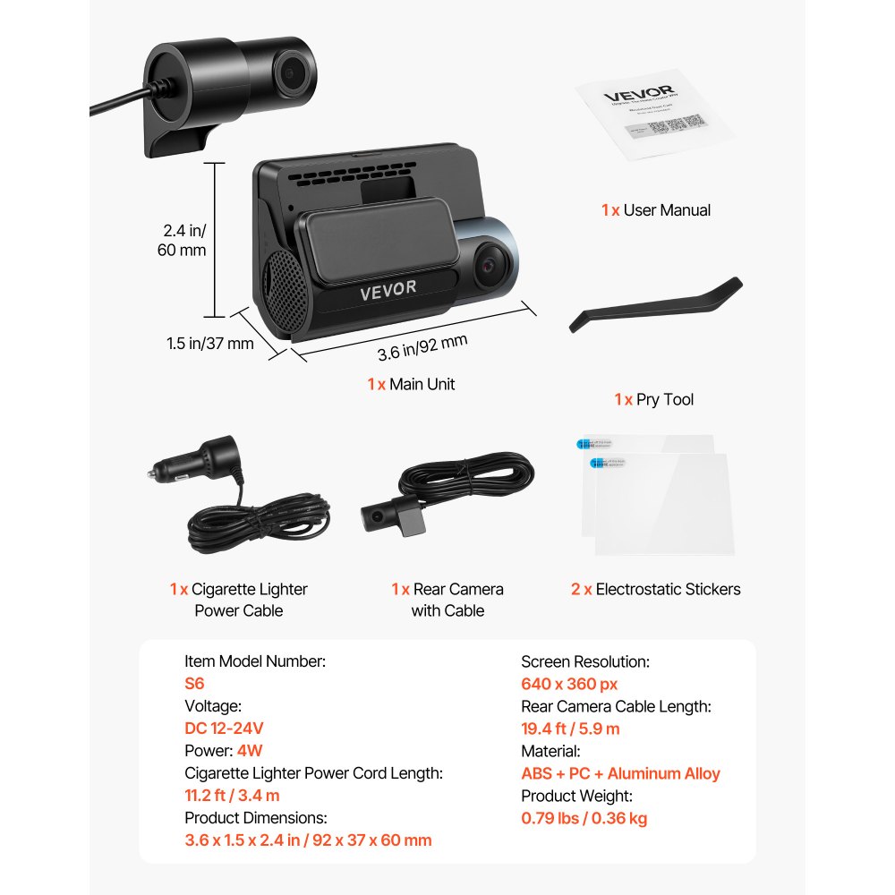 Kamera samochodowa VEVOR 4K z przodu i z tyłu, podwójna kamera samochodowa 1080p ze zintegrowanym GPS i czujnikiem G, sterowanie przez aplikację Wi-Fi, ekran 3 cale, szeroki kąt widzenia 123° + 125°, nagrywanie w pętli, tryb parkingowy, kolor czarny