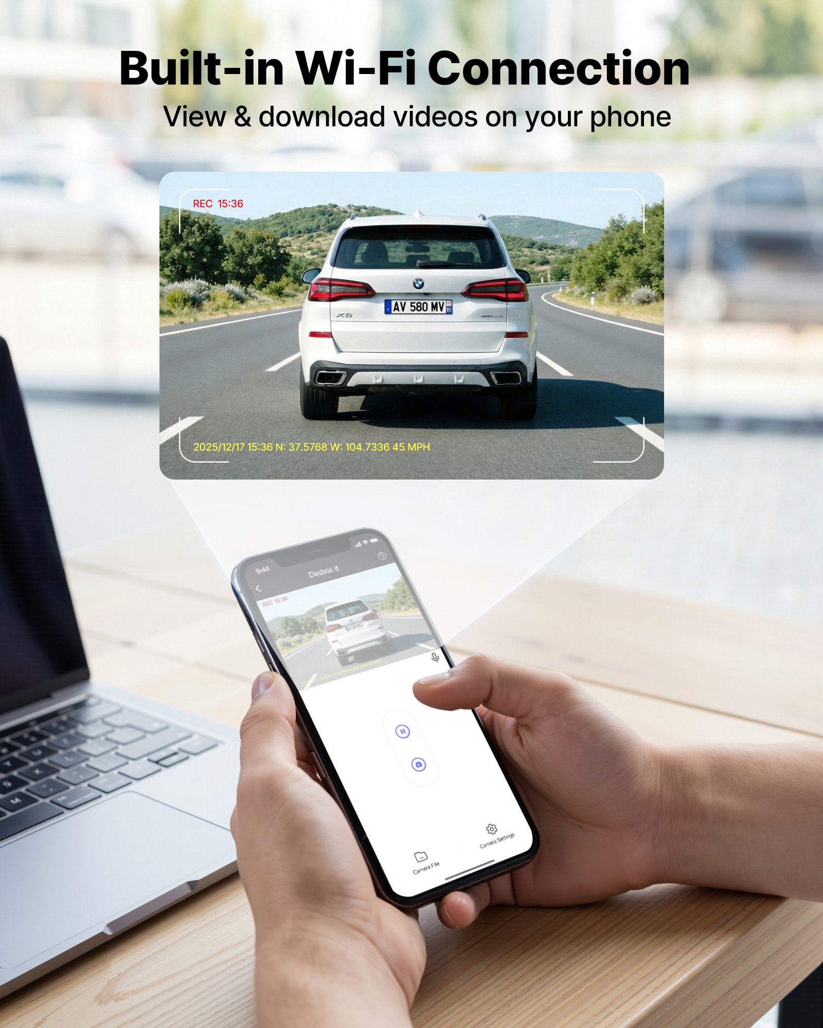 Kamera samochodowa VEVOR 4K z przodu i z tyłu, podwójna kamera samochodowa 1080p ze zintegrowanym GPS i czujnikiem G, sterowanie przez aplikację Wi-Fi, ekran 3 cale, szeroki kąt widzenia 123° + 125°, nagrywanie w pętli, tryb parkingowy, kolor czarny