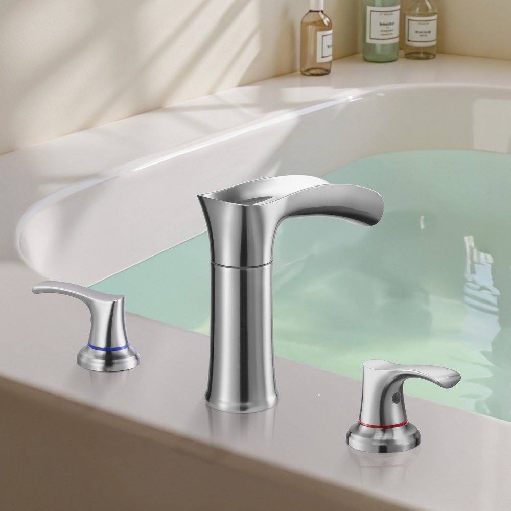VEVOR Roman Tub Faucet, 3 Hole Waterfall Bathtub Faucet, Zinc Alloy Bath Tubs Faucets Set with 2 Handles, Deck Mount Bath Tub Faucets Set for Pet Washing, Adult Bathing, Silver, Waterfall Spout Design