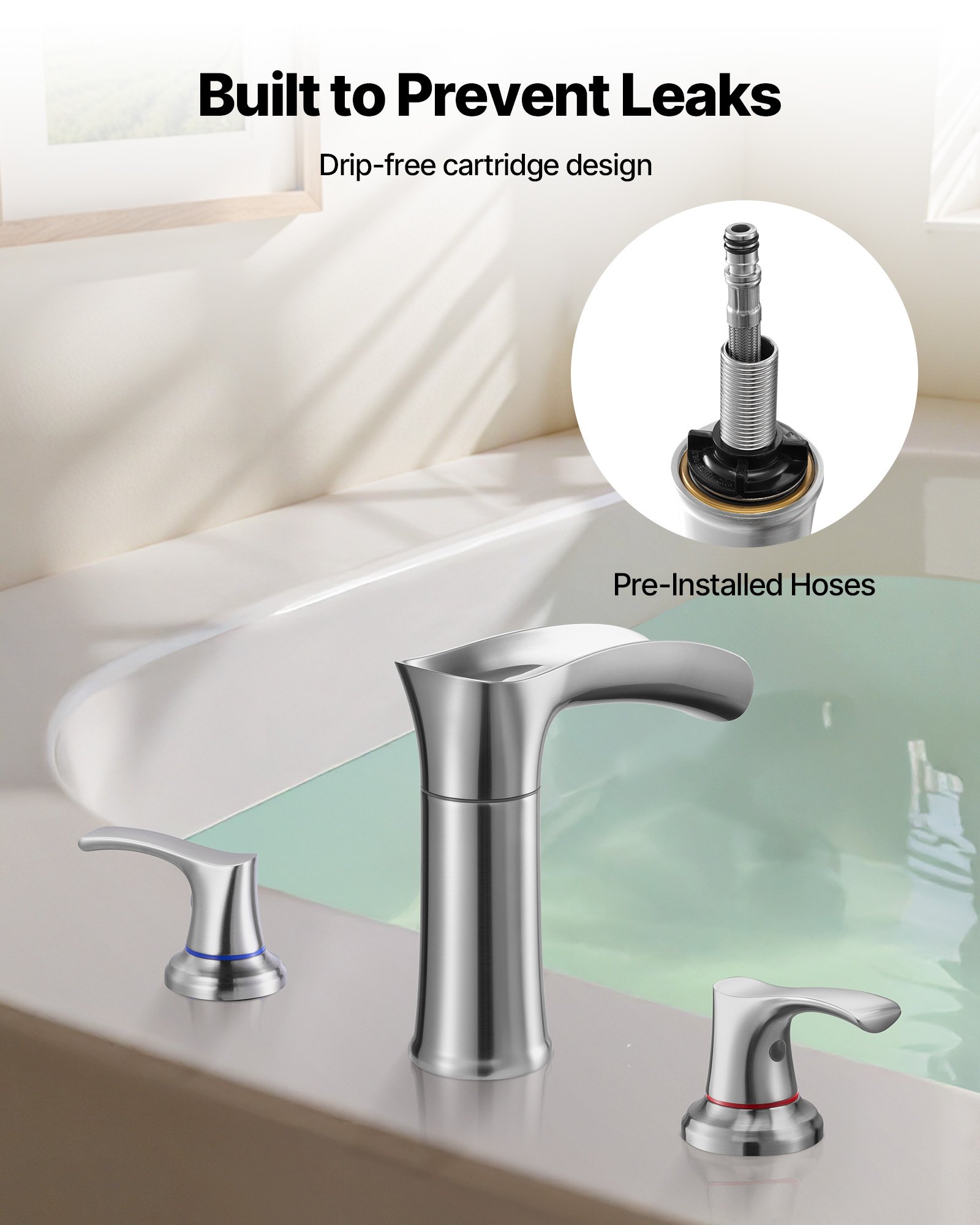 VEVOR Roman Tub Faucet, 3 Hole Waterfall Bathtub Faucet, Zinc Alloy Bath Tubs Faucets Set with 2 Handles, Deck Mount Bath Tub Faucets Set for Pet Washing, Adult Bathing, Silver, Waterfall Spout Design