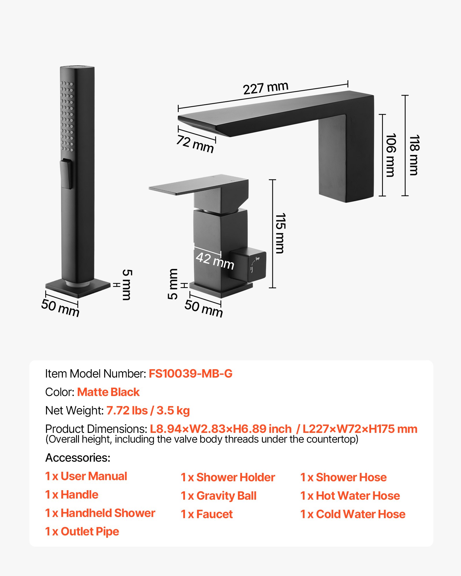 VEVOR Roman Tub Faucet, 3 Hole Waterfall Bathtub Faucet,  Roman Bathtub Faucets Set with Shower Head & 1 Handle, Deck Mount Bath Tub Faucets Set for Baby Care, Matte Black, Stainless Steel, Drip-Free