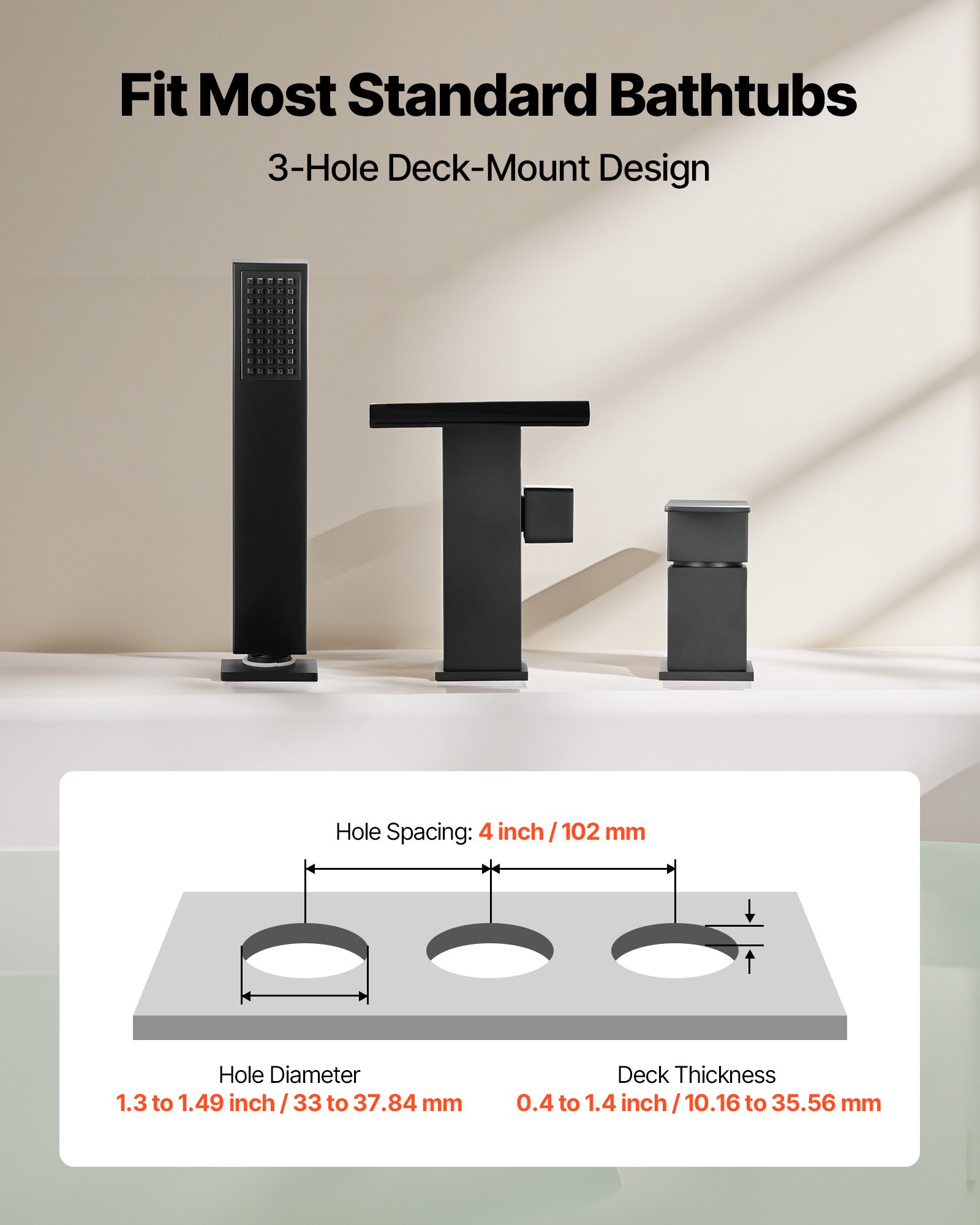 Bateria wannowa VEVOR Roman z 3 otworami, zestaw baterii wannowej z prysznicem ręcznym i 1 uchwytem, ​​matowa czarna bateria wannowa o wysokim przepływie z dwoma opcjami przepływu wody, montaż sufitowy