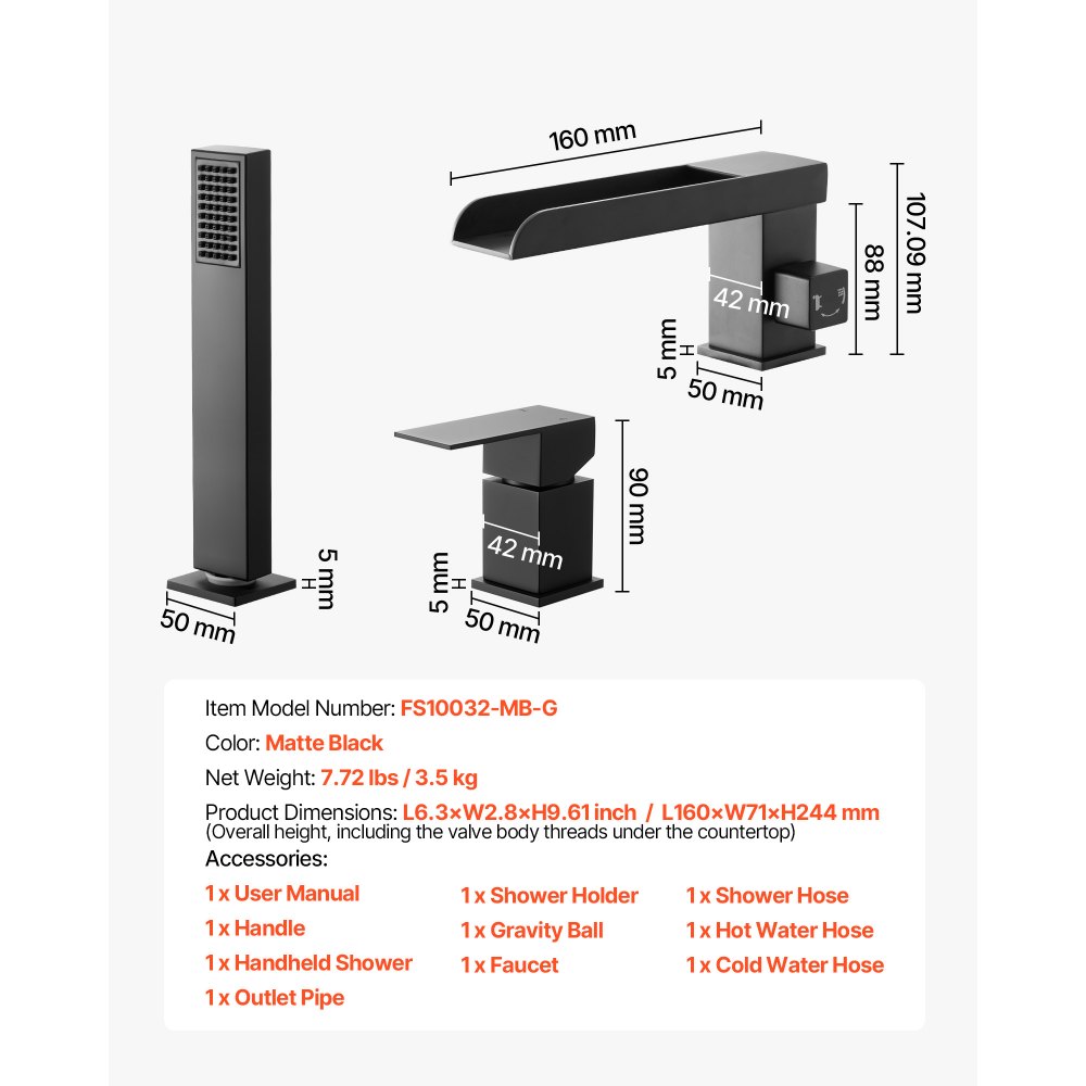 Bateria wannowa VEVOR Roman z 3 otworami, zestaw baterii wannowej z prysznicem ręcznym i 1 uchwytem, ​​matowa czarna bateria wannowa o wysokim przepływie z dwoma opcjami przepływu wody, do montażu sufitowego