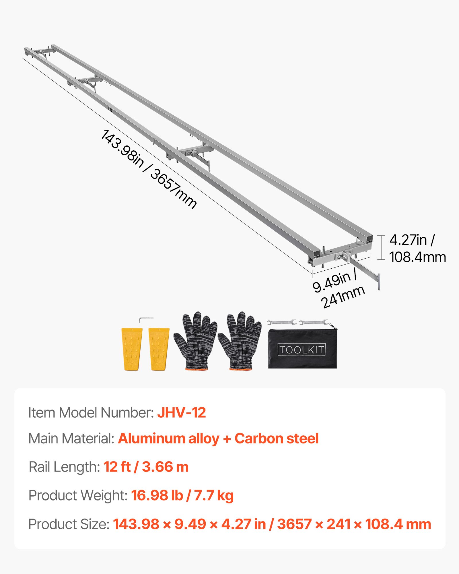 VEVOR Rail Mill Guide System, 3.66 m 4 Crossbar Chainsaw Mill Kits, Aluminum Saw Milling Rails System Works with Chainsaw, 2 Wedges, Adjustable Rail Milling Guide Kit for Builders Woodworkers