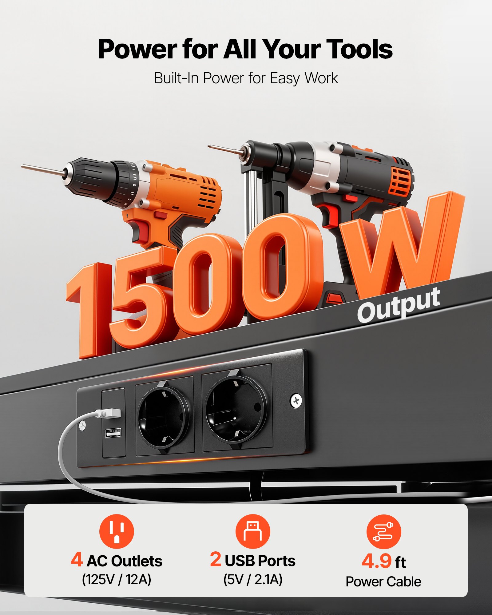 Stół warsztatowy VEVOR z płytą perforowaną, udźwig 110 kg, z 2 półkami, 2 szufladami, oświetleniem LED i zintegrowaną listwą zasilającą z USB, wielofunkcyjny stół ze ścianką na narzędzia do projektów DIY