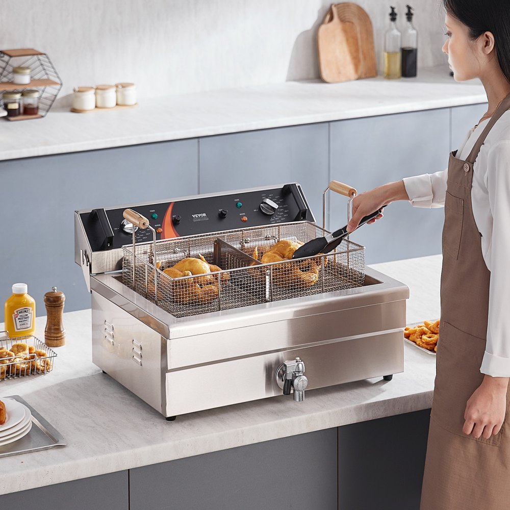 Frytkownica elektryczna VEVOR, 2250 W z koszem, duża pojemność 20 l, stal nierdzewna, regulacja temperatury, do użytku w kuchni i restauracji, kolor srebrny